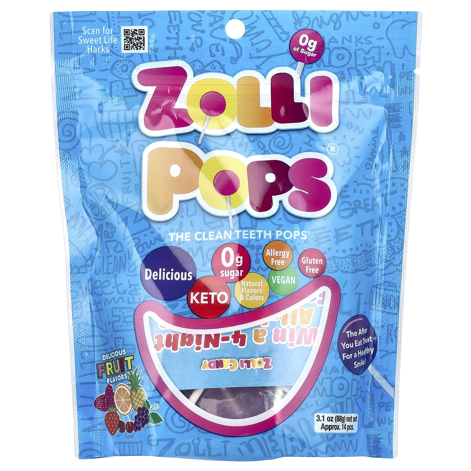 Zollipops, леденцы для чистки зубов со вкусом фруктов, прибл. 13–15 леденцов, 88 г (3,1 унции)
