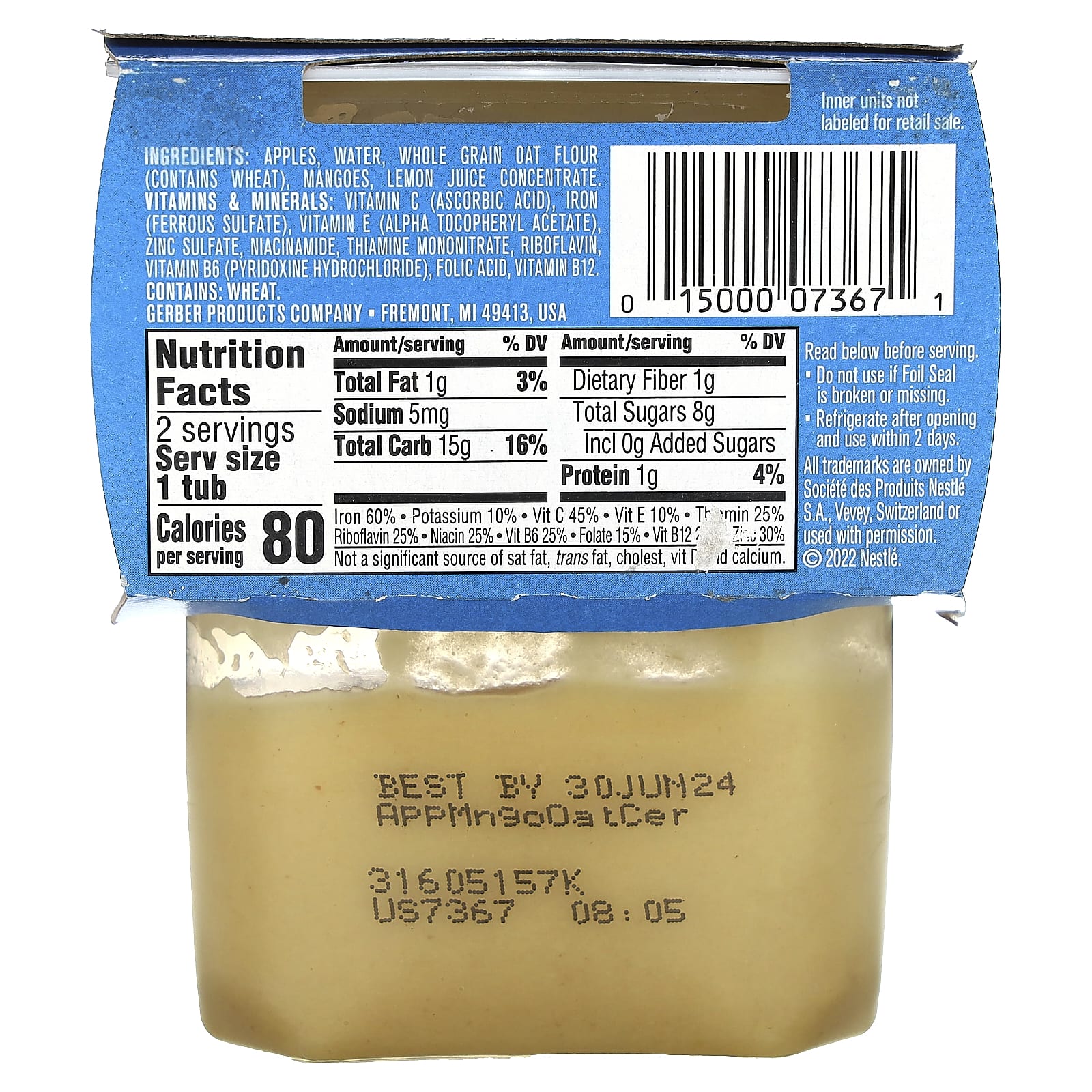 Gerber, Natural for Baby, Grain & Grow, 2nd Foods, овсяная каша с яблоком и манго, 2 пакетика по 113 г (4 унции)