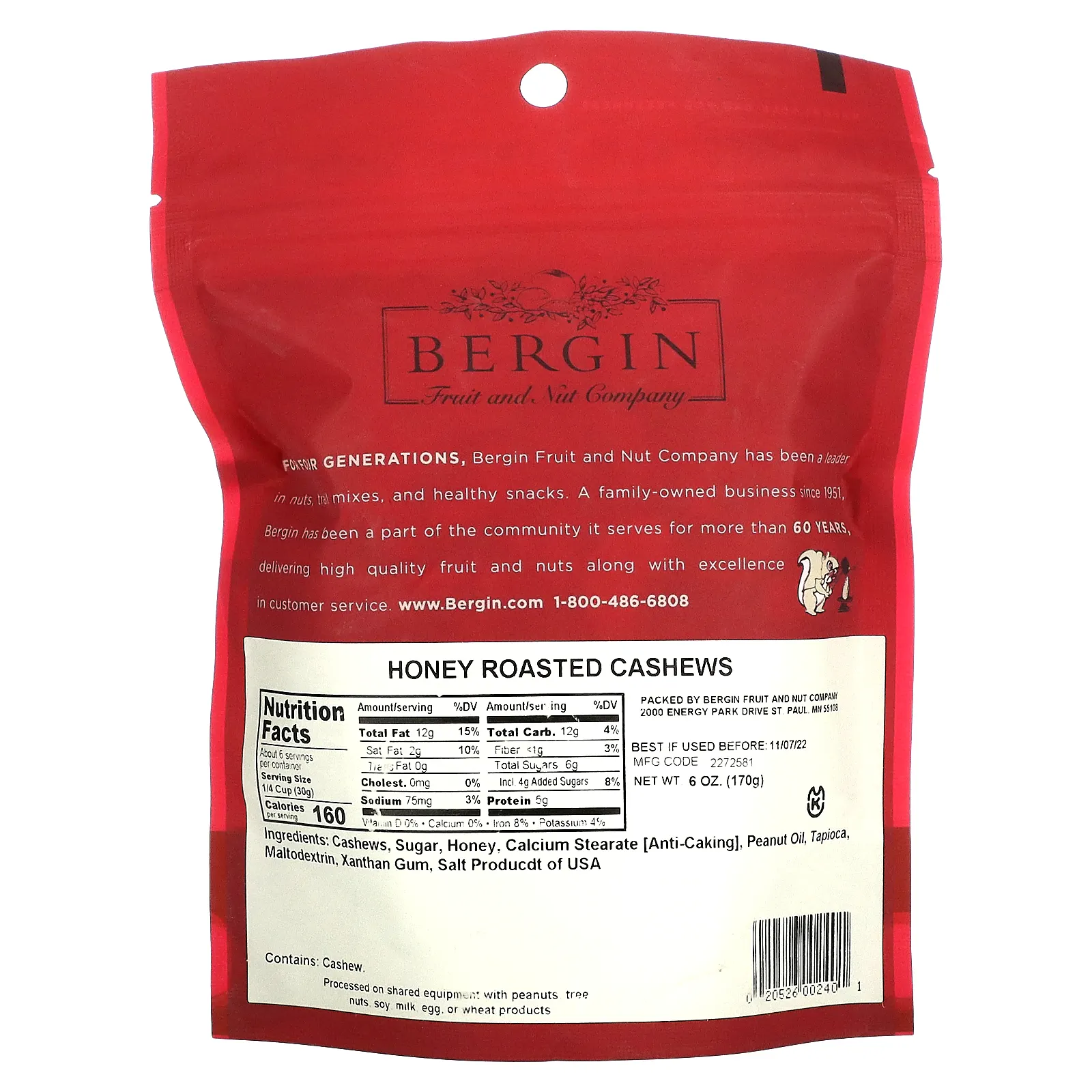 Bergin Fruit and Nut Company, Жареный кешью с медом, 170 г (6 унций)