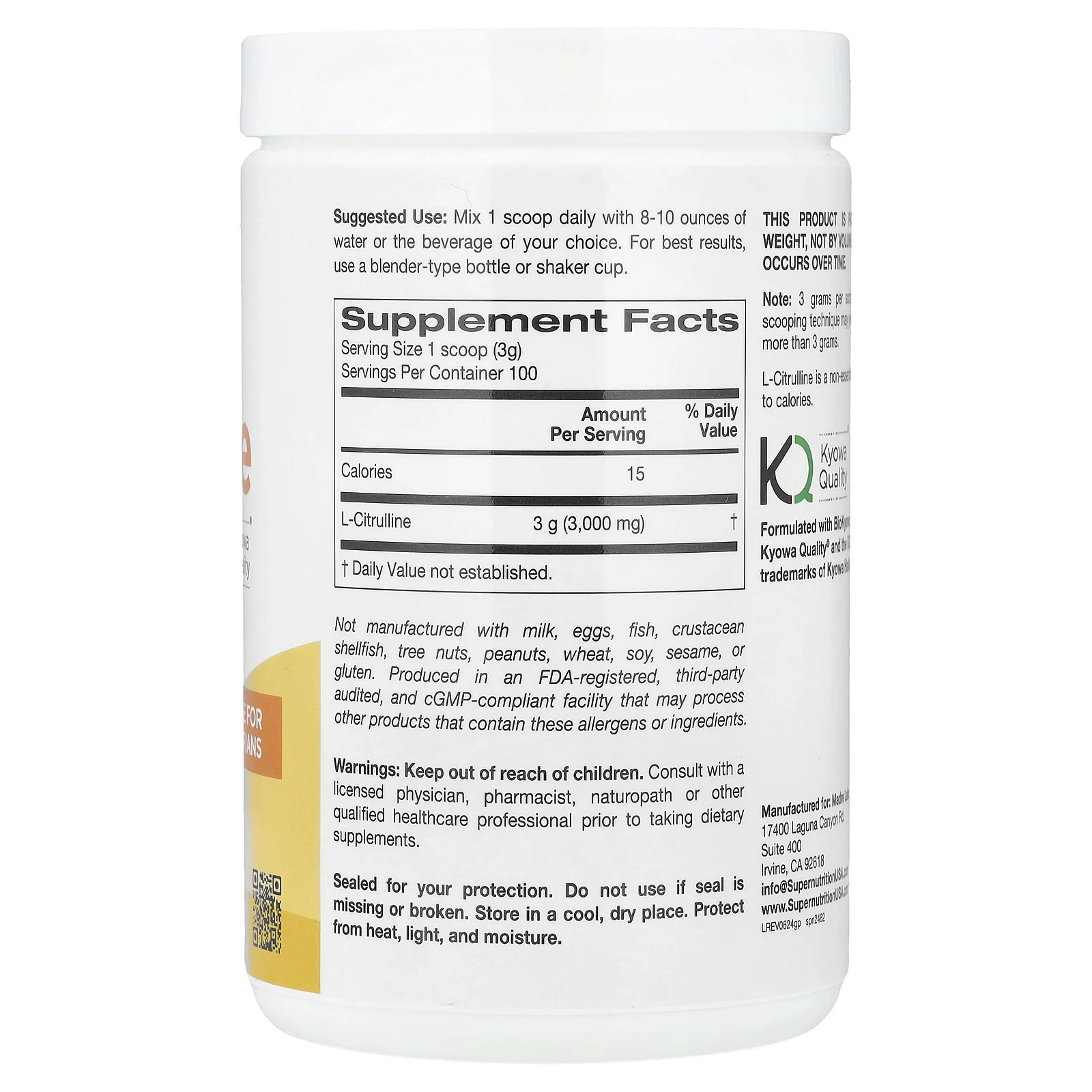 Super Nutrition, L-цитруллин, без добавок, 300 г (10,58 унции)