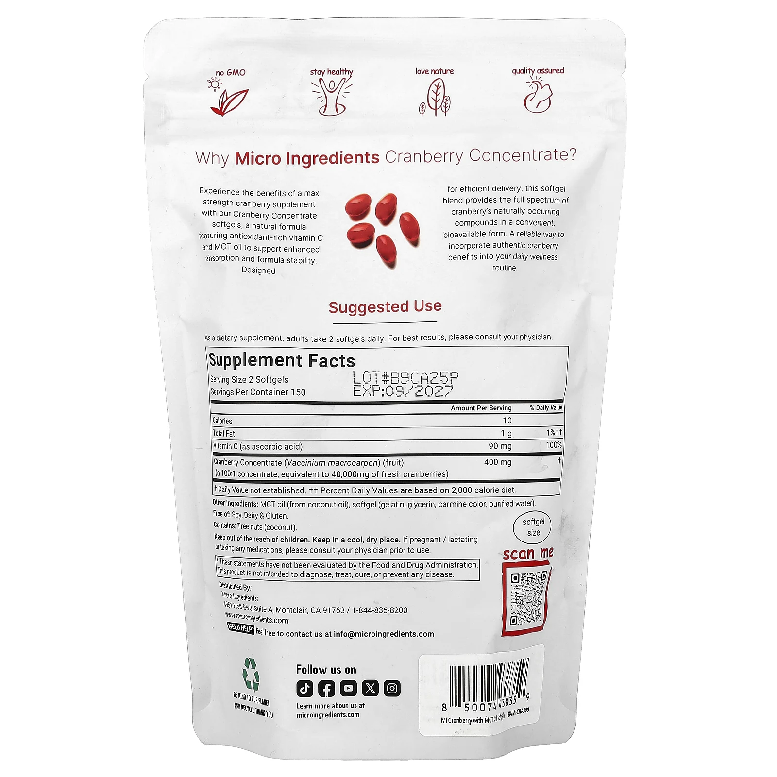 Micro Ingredients, клюквенный концентрат с витамином C, 300 капсул