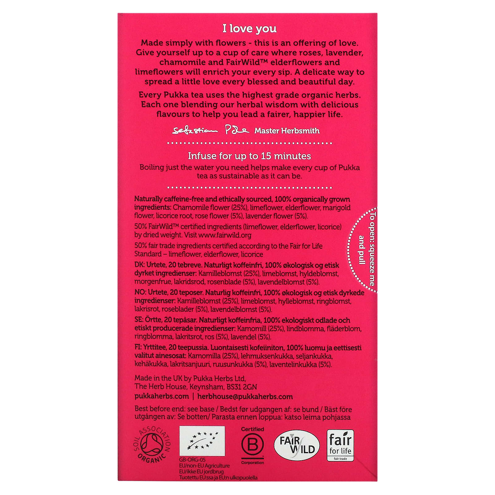 Pukka Herbs, Органический травяной чай, Love, без кофеина, 20 пакетиков, 24 г (0,8 унции)