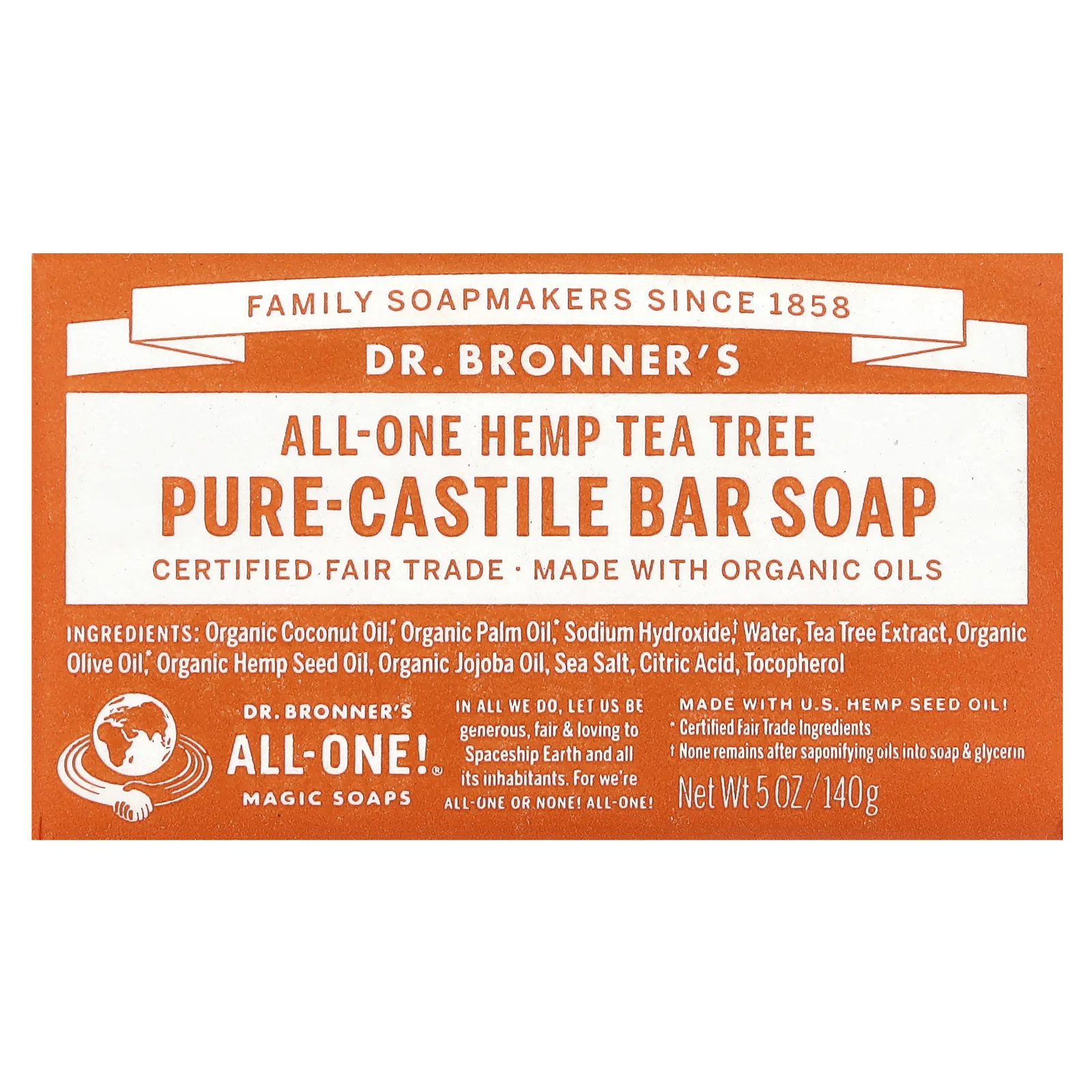 Dr. Bronner's, Pure Castile Bar Soap, All-One, конопля, чайное дерево, 140 г (5 унций)