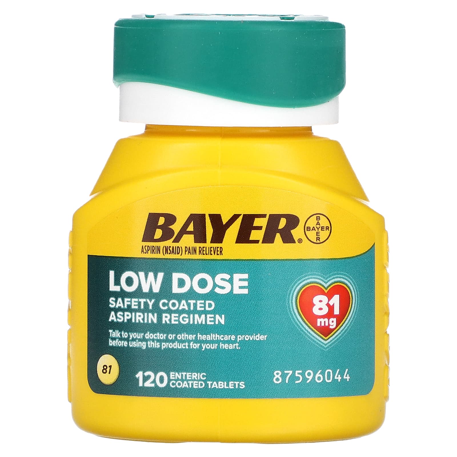 Bayer, Схема приема аспирина с безопасным покрытием, низкая доза, 81 мг, 120 таблеток, покрытых кишечнорастворимой оболочкой