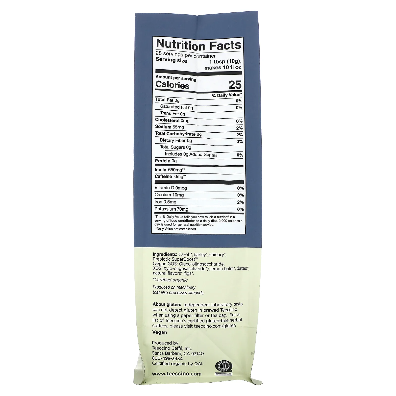 Teeccino, Prebiotic Herbal Coffee, мелисса с манго и лимоном, легкая обжарка, без кофеина, 284 г (10 унций)