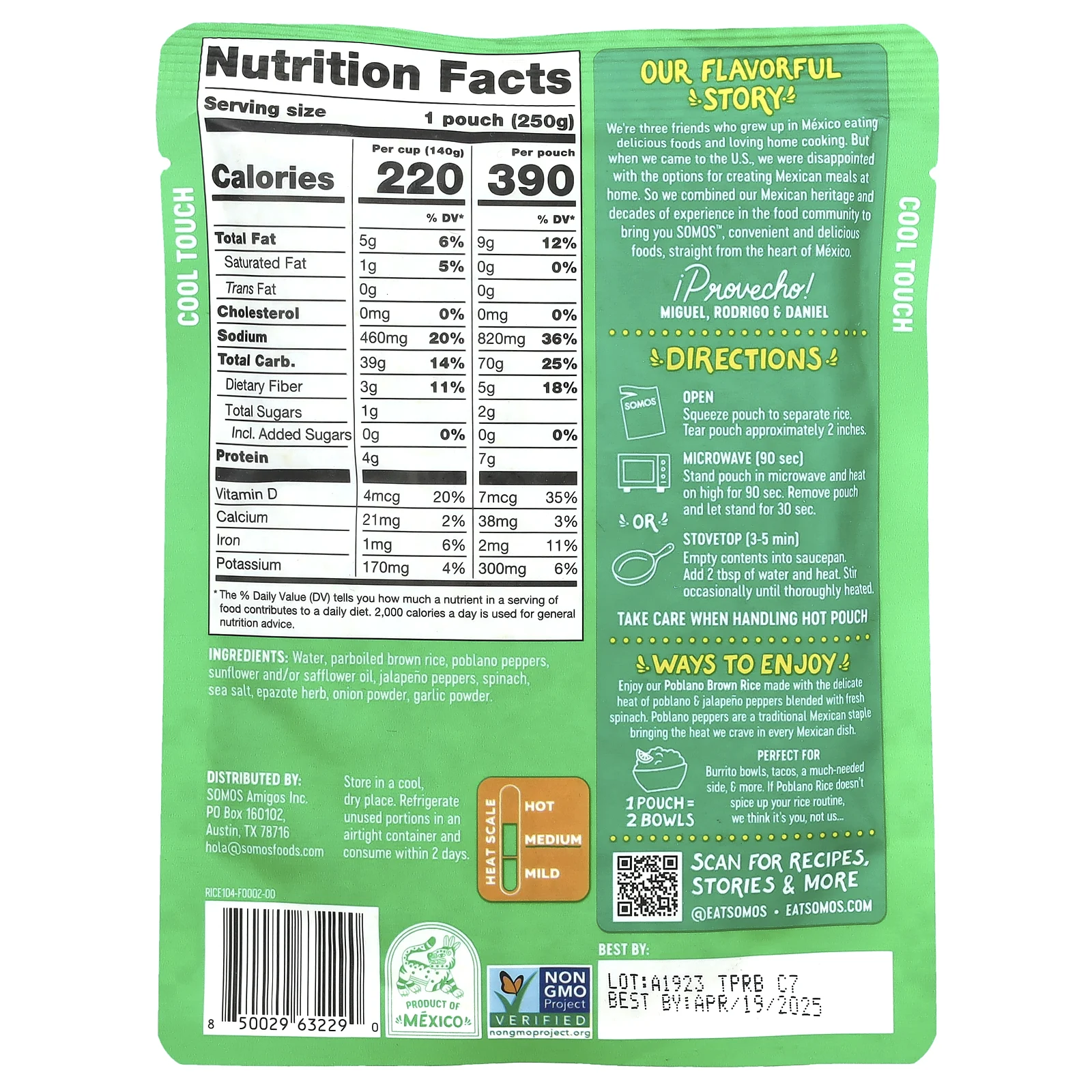 Somos, Коричневый рис поблано со шпинатом и халапеньо, 250 г (8,8 унции)