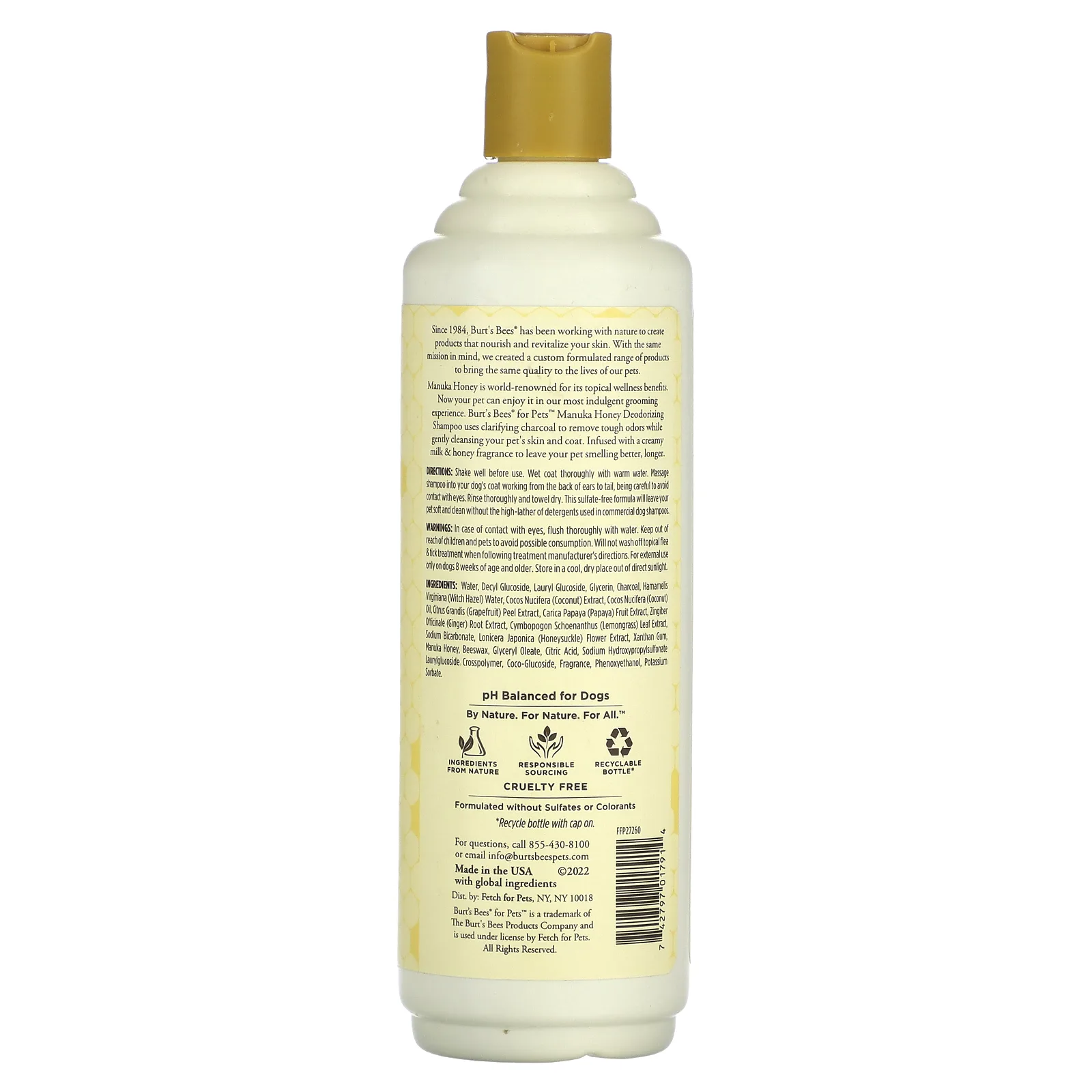 Burt's Bees, дезодорирующий шампунь с древесным углем и медом манука, для собак, молоко и мед, 473 мл (16 жидк. унций)