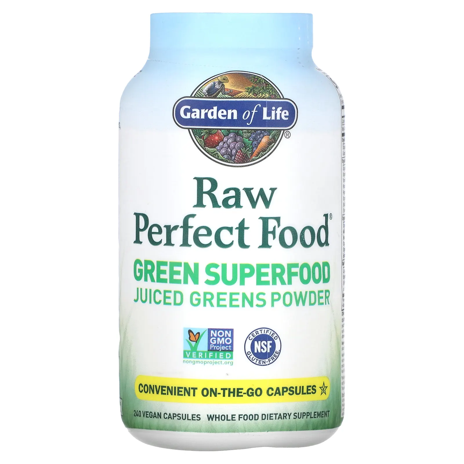 Garden of Life, RAW Perfect Food, Green Superfood, порошок сочной зелени, 240 веганских капсул