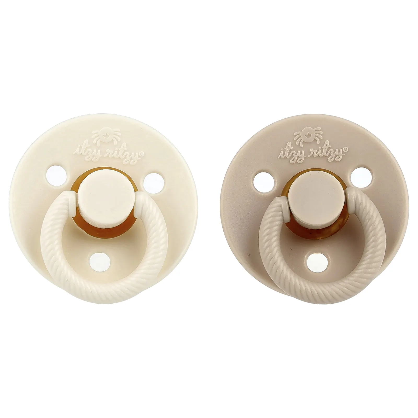 itzy ritzy, Itzy Soother ™, пустышки с сосками из натурального каучука, для детей от 6 до 18 месяцев, кокос и тосты, 2 пустышки