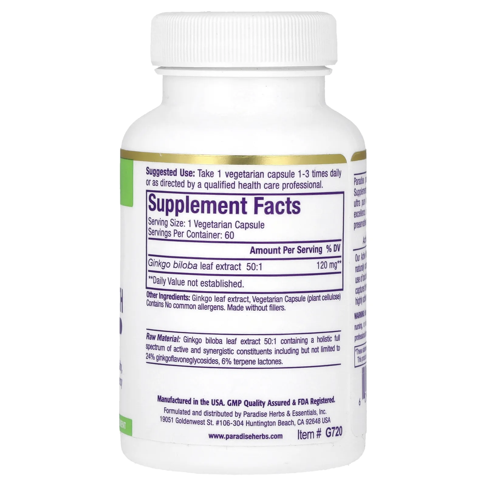 Paradise Herbs, гинкго, повышенная сила действия, 120 мг, 60 вегетарианских капсул