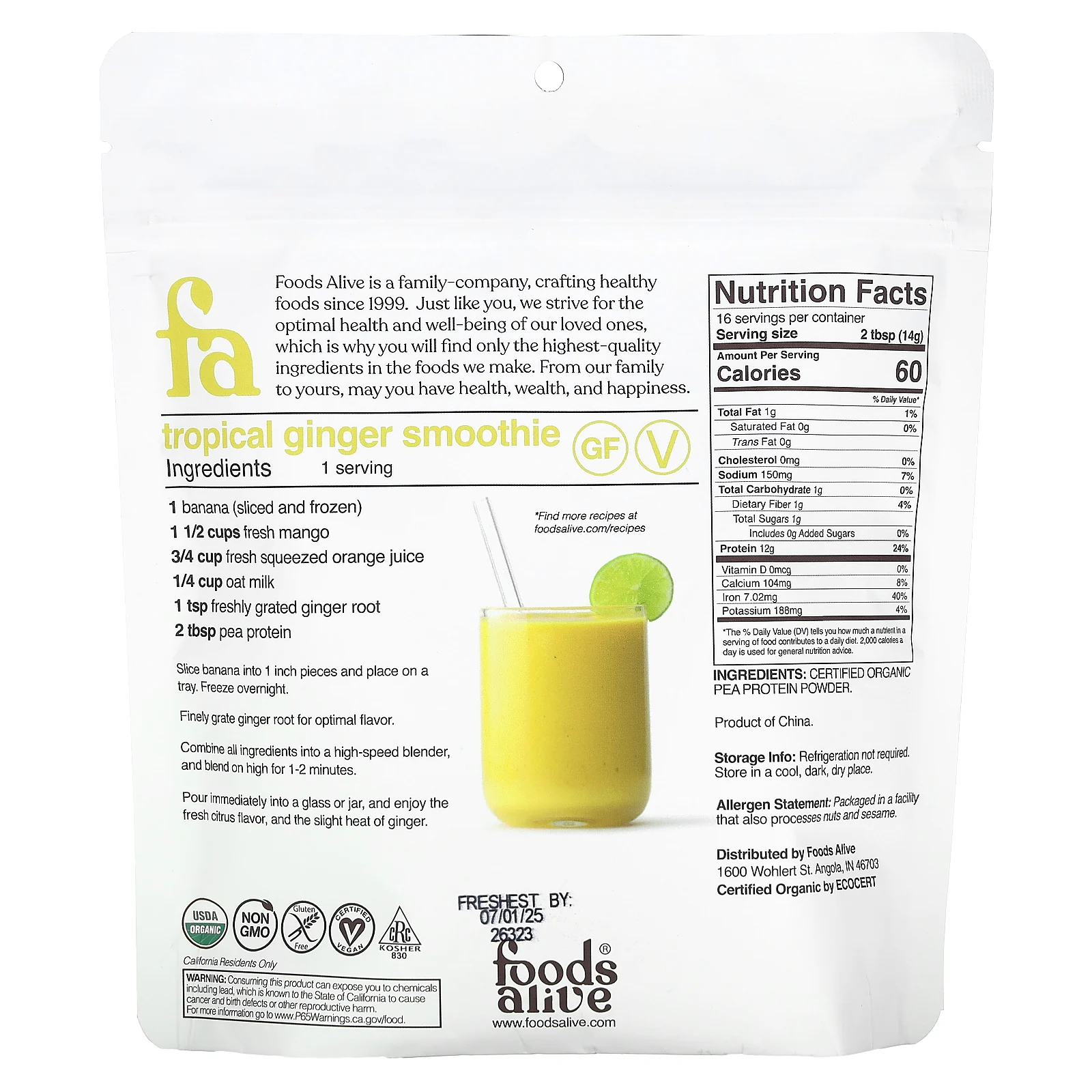 Foods Alive, Порошок из органического горохового протеина, 227 г (8 унций)