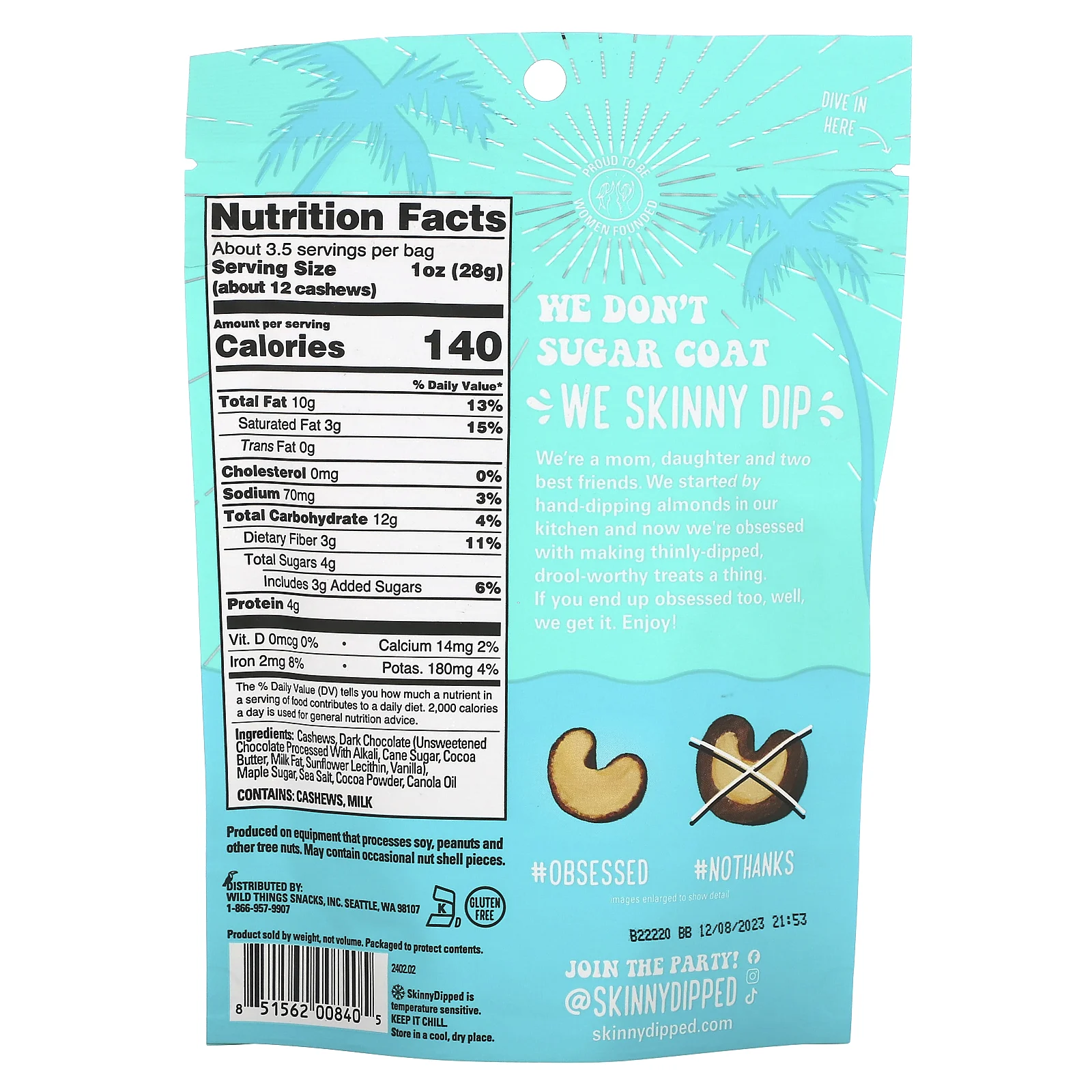 SkinnyDipped, Кешью, темный шоколад и какао, 99 г (3,5 унции)