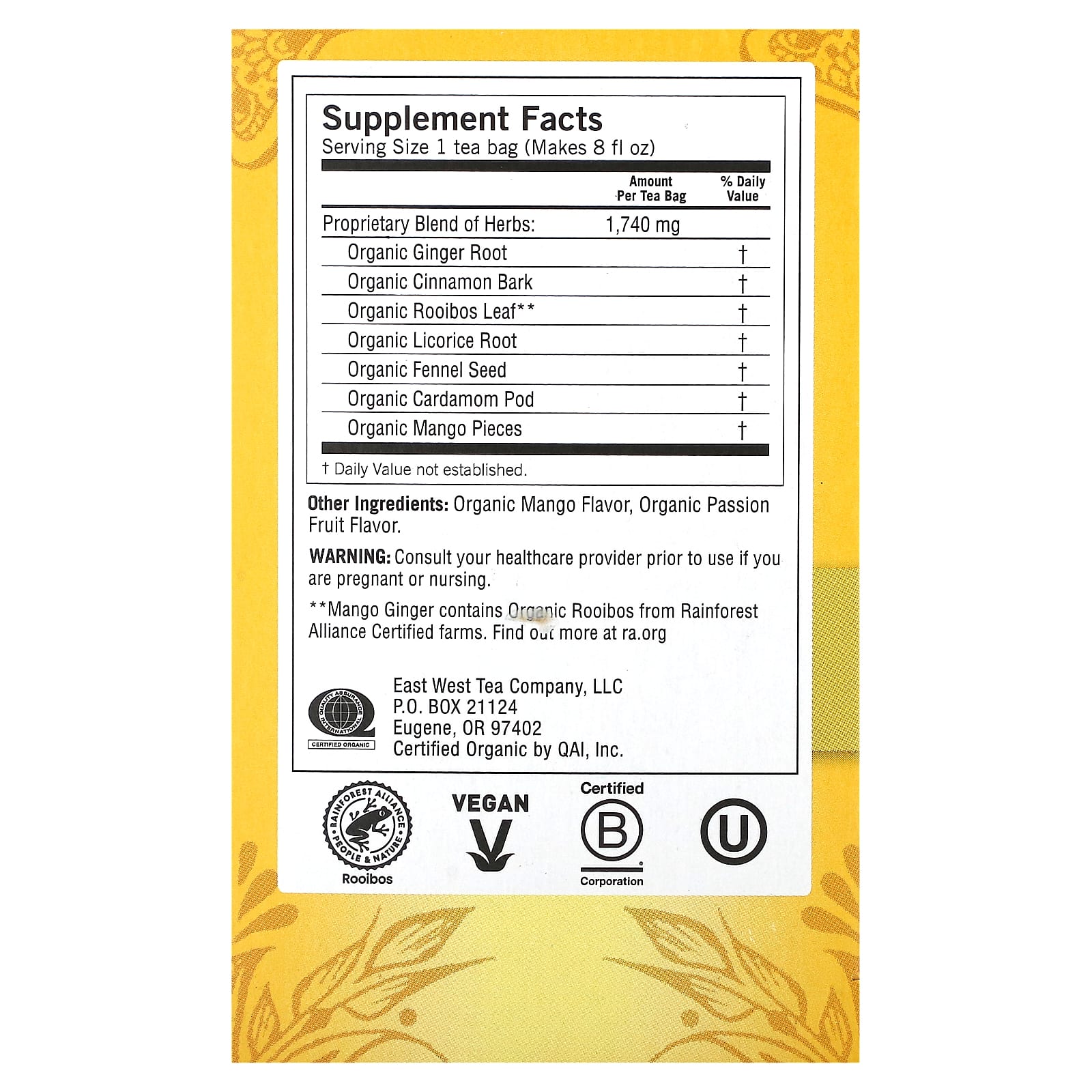 Yogi Tea, манго и имбирь, без кофеина, 16 чайных пакетиков, 32 г (1,12 унции)