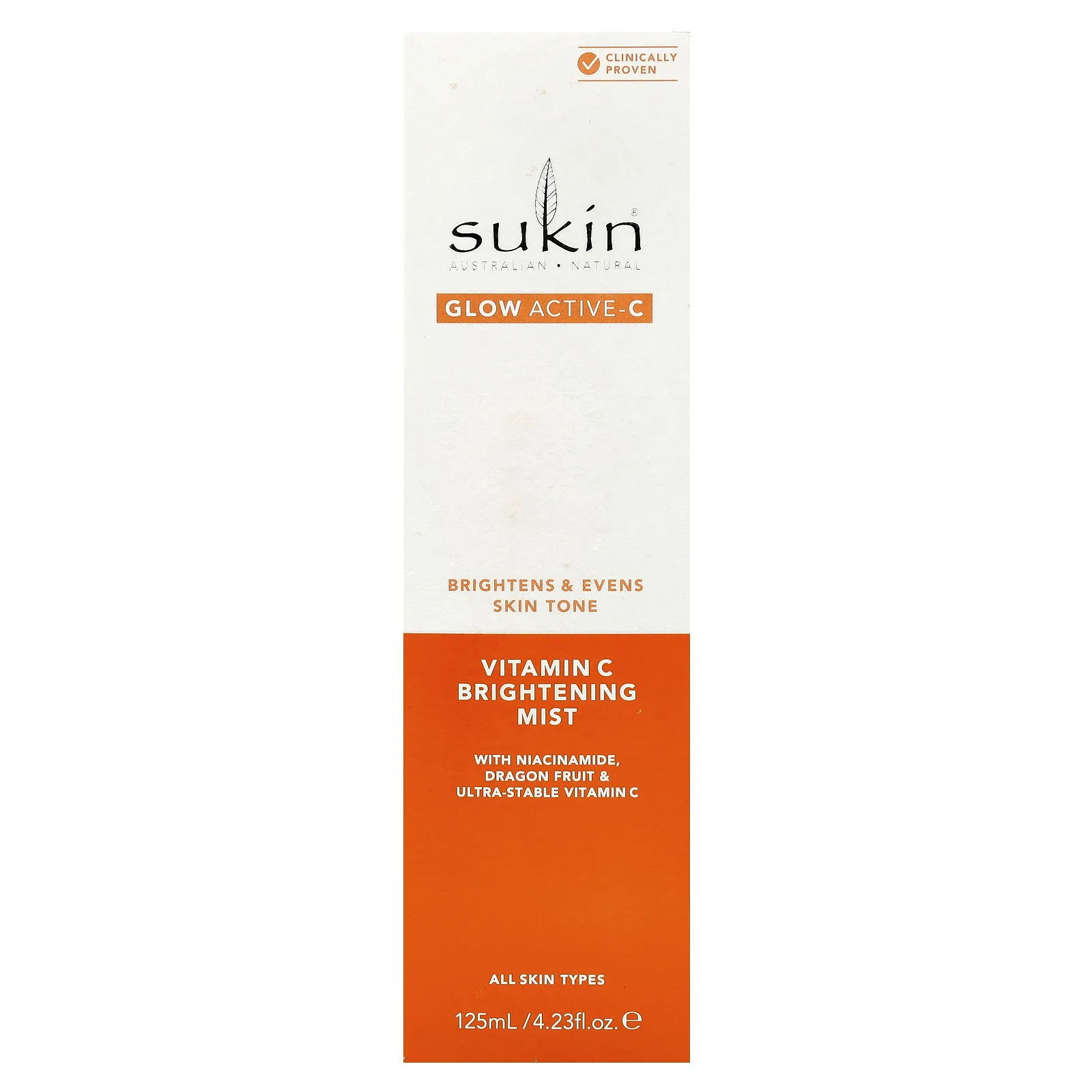 Sukin, Glow Active-C, осветляющий спрей с витамином C, для всех типов кожи, 125 мл (4,23 жидк. Унции)