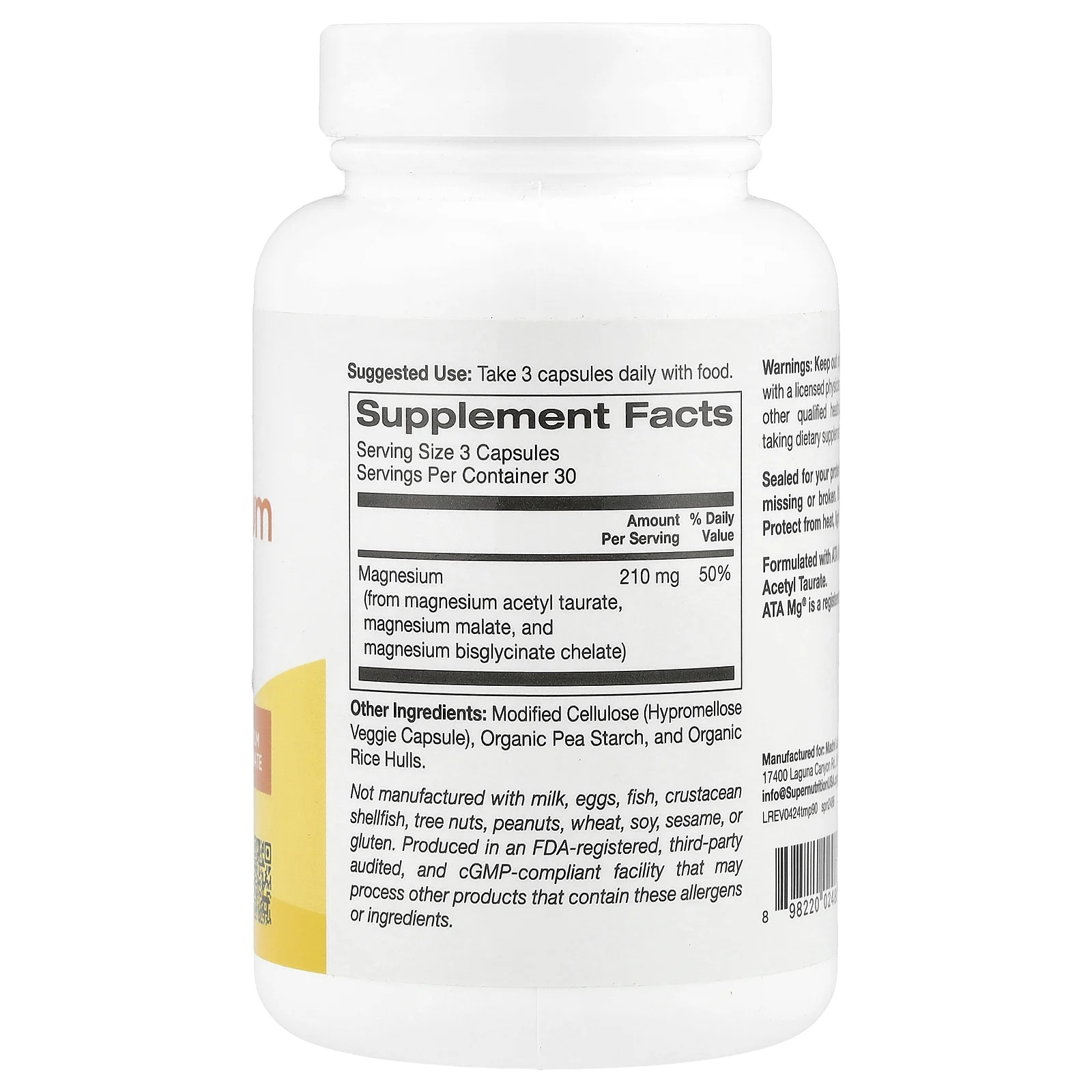 Super Nutrition, комплекс с тремя формами магния, 210 мг, 90 растительных капсул (70 мг в 1 капсуле)