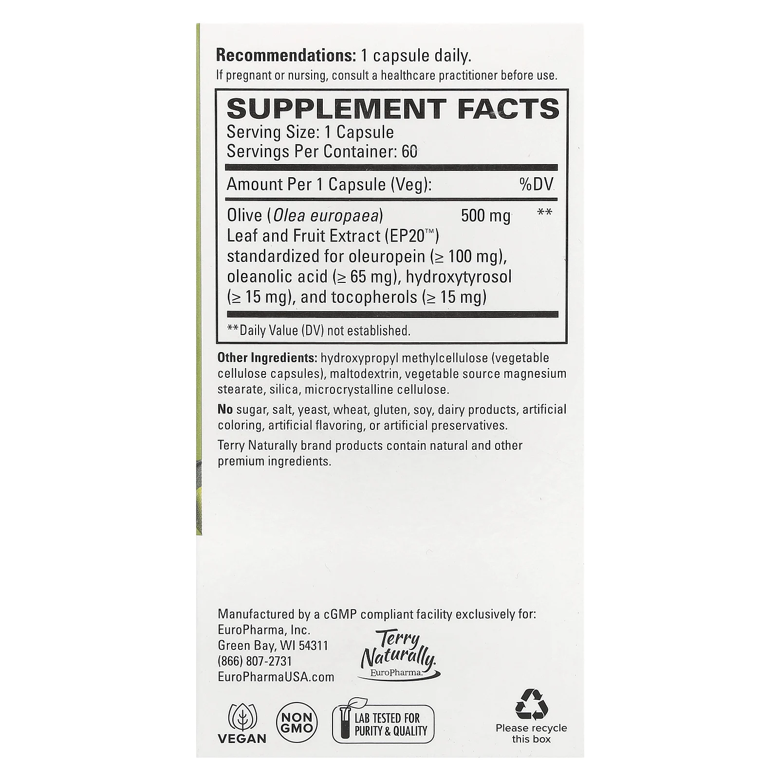 Terry Naturally, Экстракт оливы полного спектра EP20 ™, 60 капсул