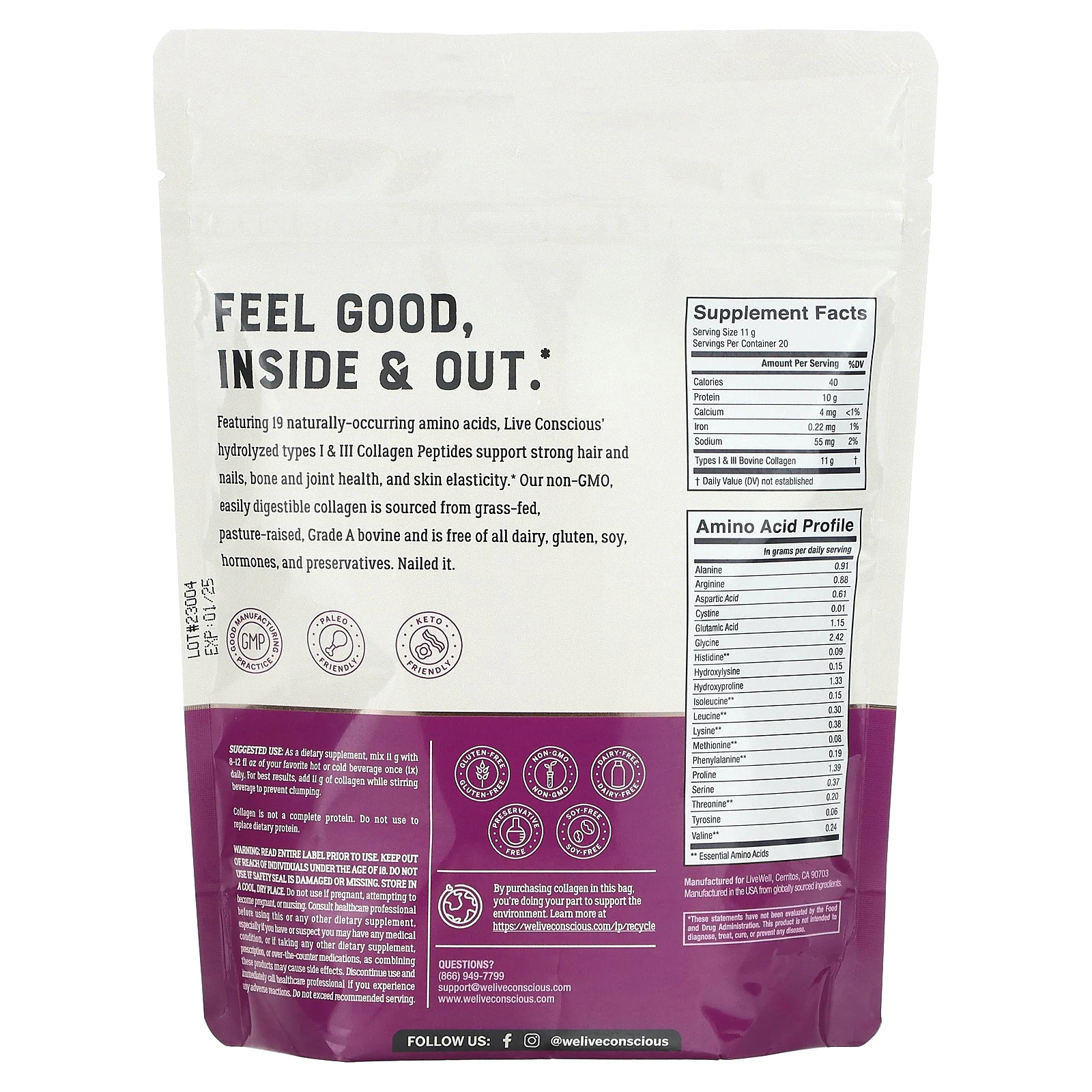 Live Conscious, Пептиды коллагена, без добавок, 220 г (7,8 унции)