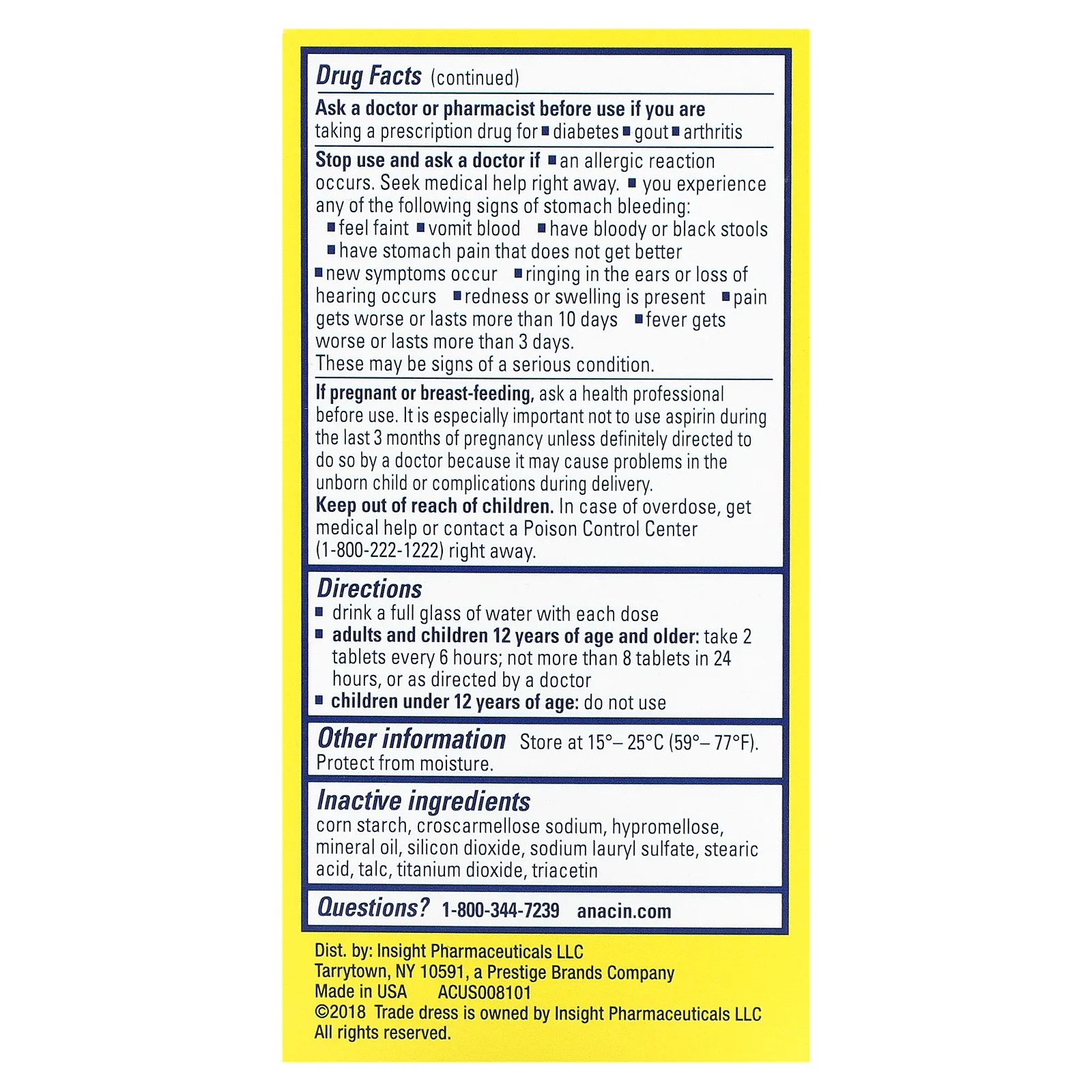 Anacin, обезболивающее средство с аспирином и кофеином, 300 таблеток, покрытых оболочкой