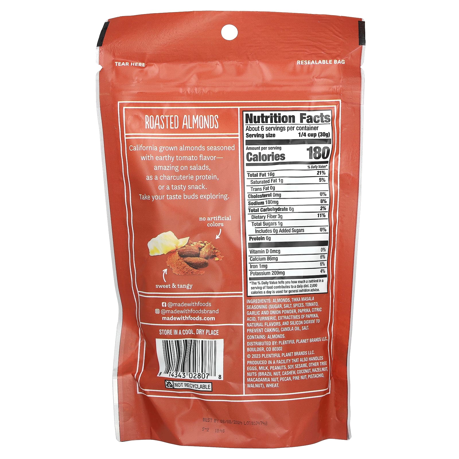 Made With, обжаренный миндаль с приправами, тикка масала, 170 г (6 унций)