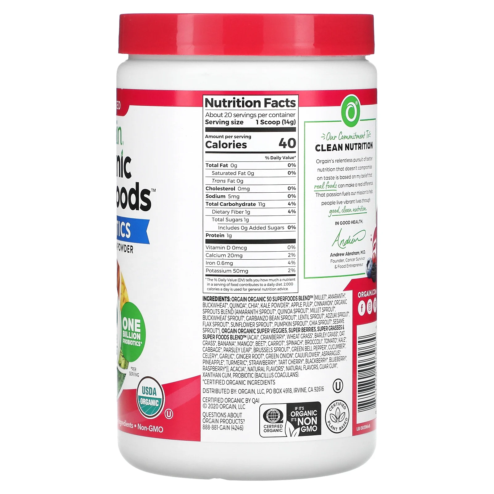 Orgain, Organic Superfoods, с пробиотиками, суперпитательный порошок, ягодный вкус, 280 г (9,9 унции)