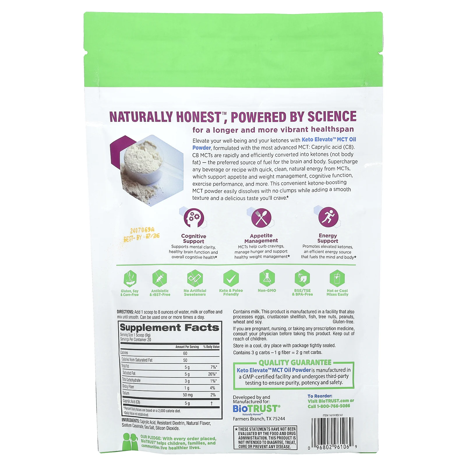 BioTRUST, Keto Elevate, масло в порошке с C8 MCT, без ароматизаторов, 180 г (6,35 унции)