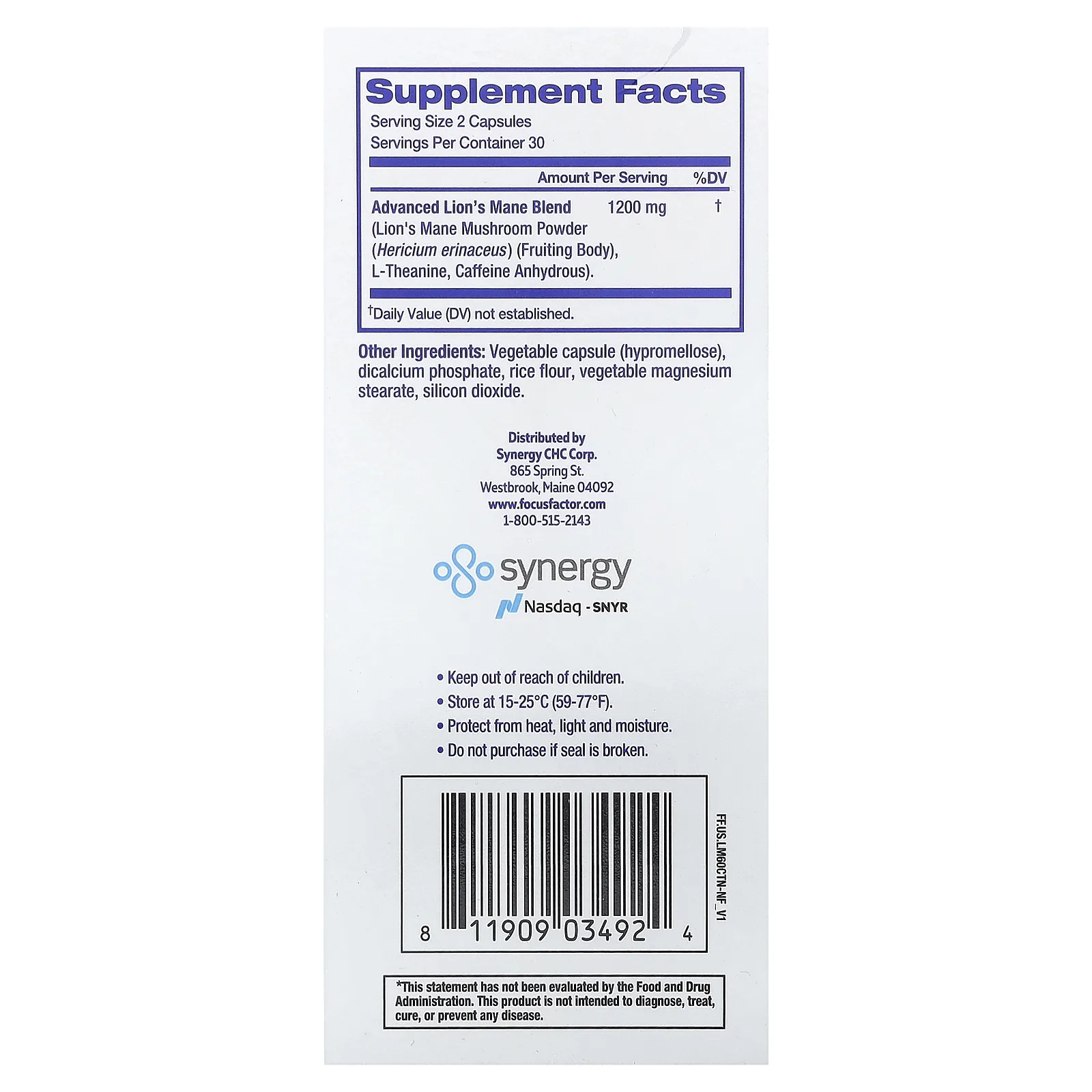 Focus Factor, ежовик гребенчатый, 60 растительных капсул