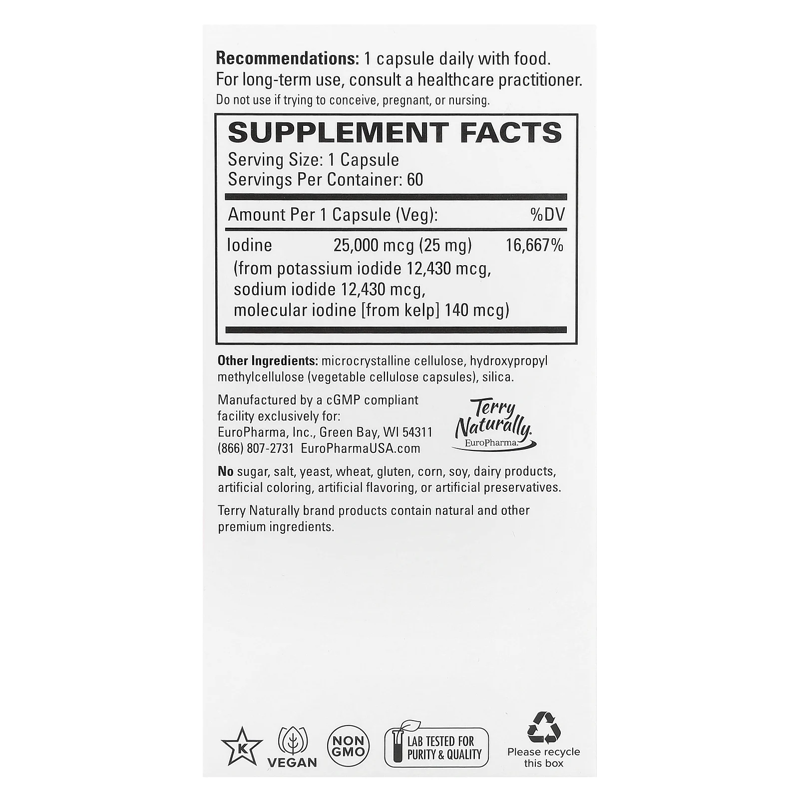 Terry Naturally, Tri-Iodine, 25 мг, 60 капсул