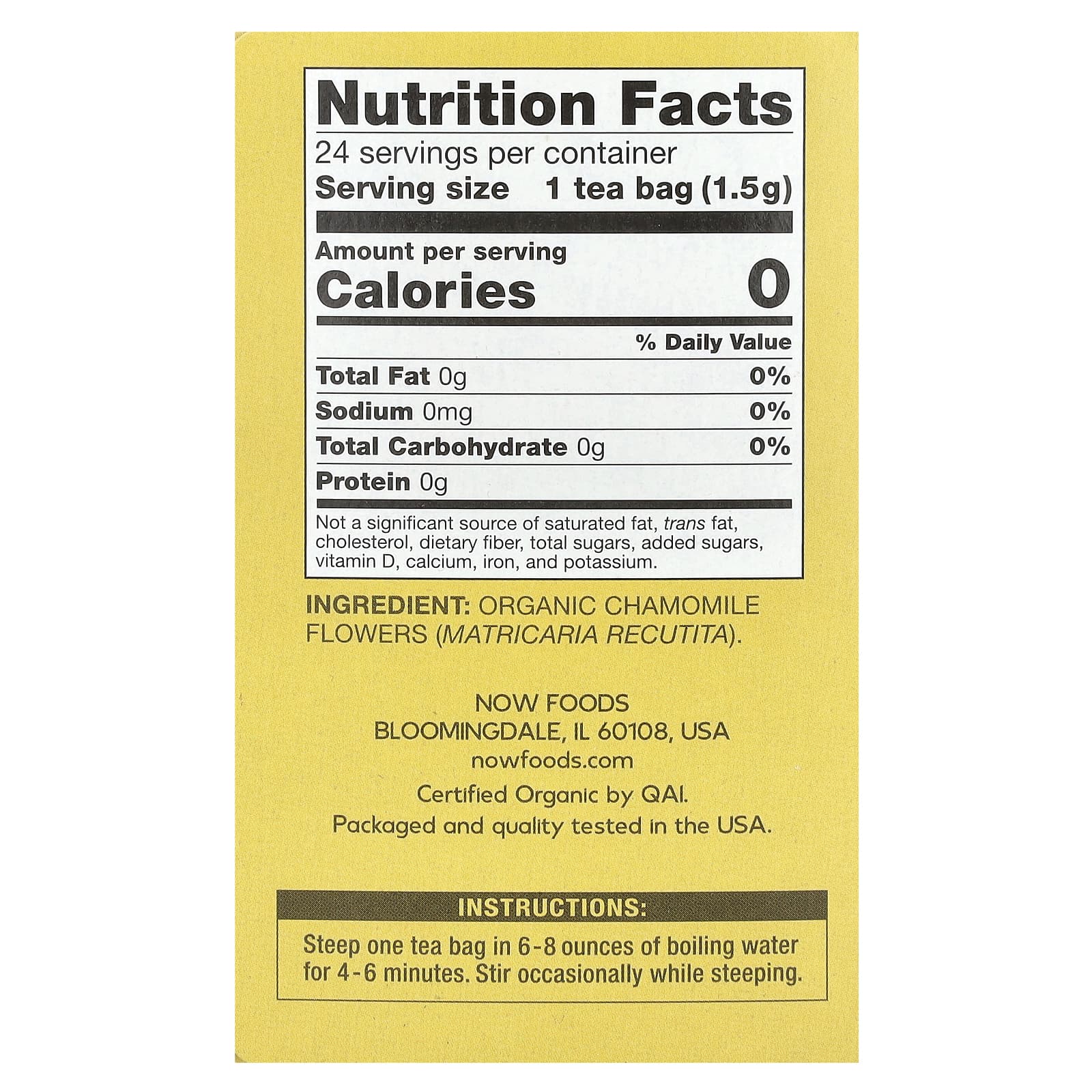 NOW Foods, Real Tea, органический чай, ромашка, без кофеина, 24 чайных пакетика, по 1,5 г