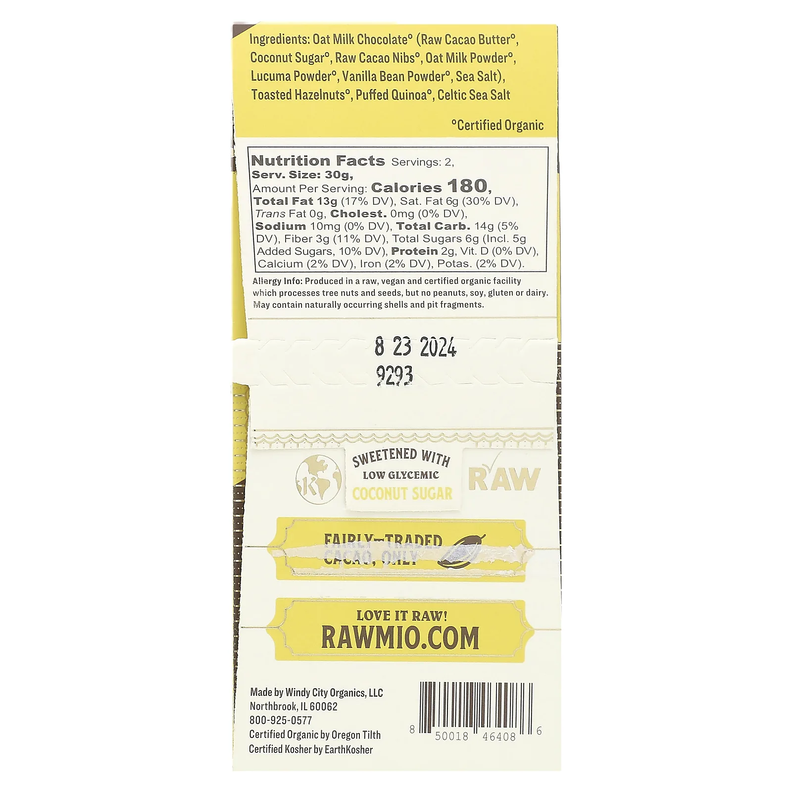 Rawmio, Овсяный молочный шоколад, хрустящая корочка с фундуком и киноа, 60 г (2,12 унции)