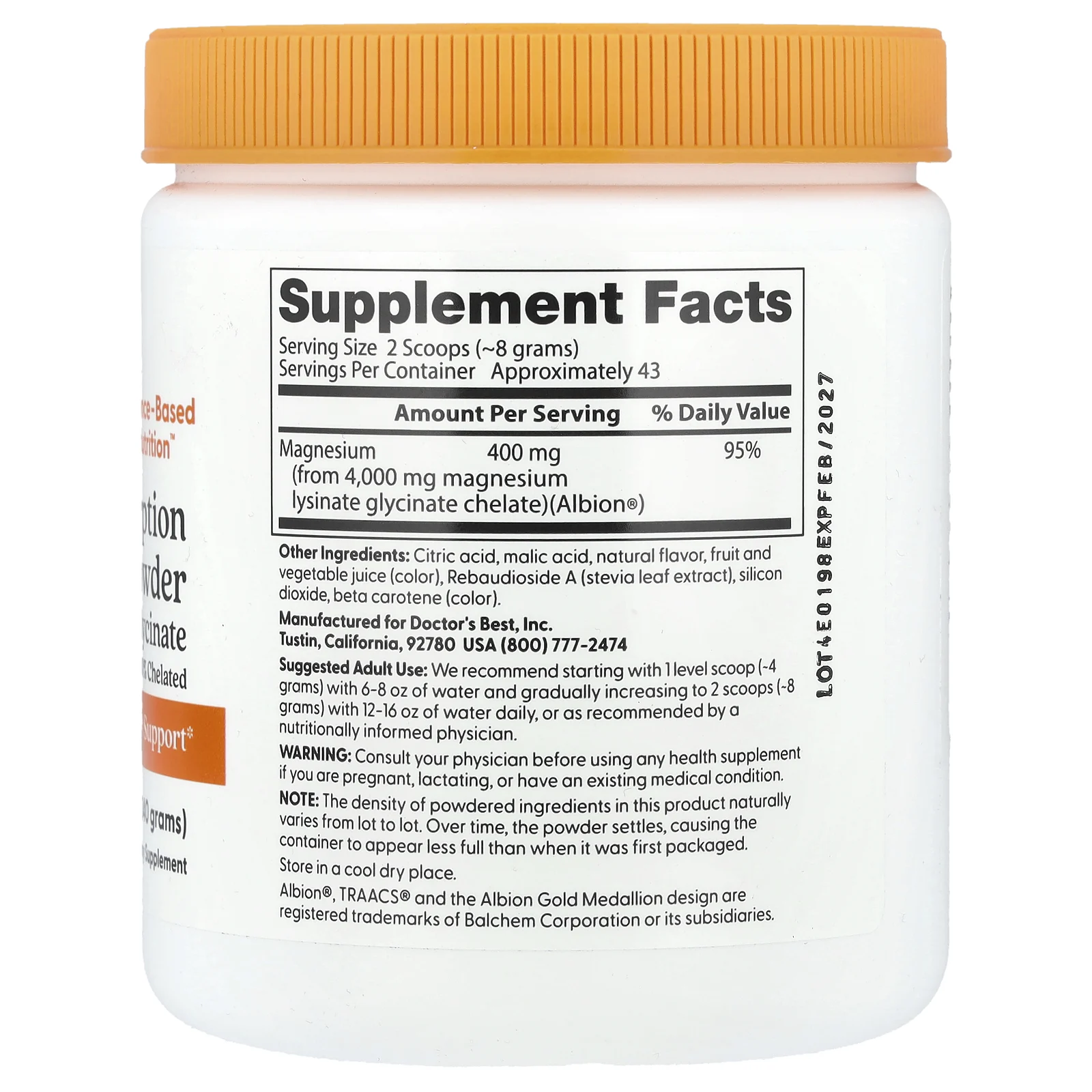 Doctor's Best, Порошок магния с высокой абсорбцией, фруктовый пунш, 340 г (12,1 унции)