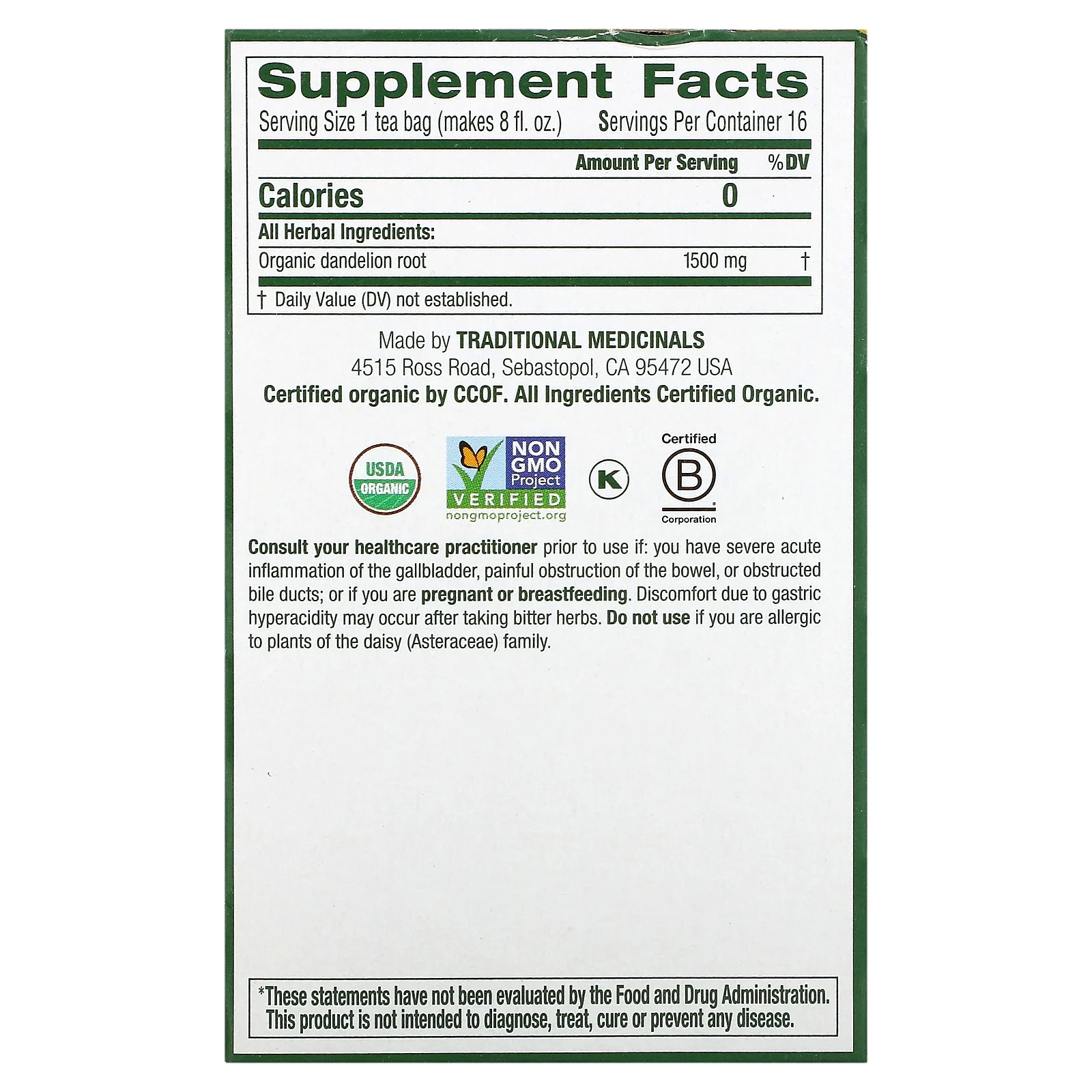 Traditional Medicinals, органический обжаренный корень одуванчика, без кофеина, 16 чайных пакетиков в упаковке, 24 г (0,85 унции)