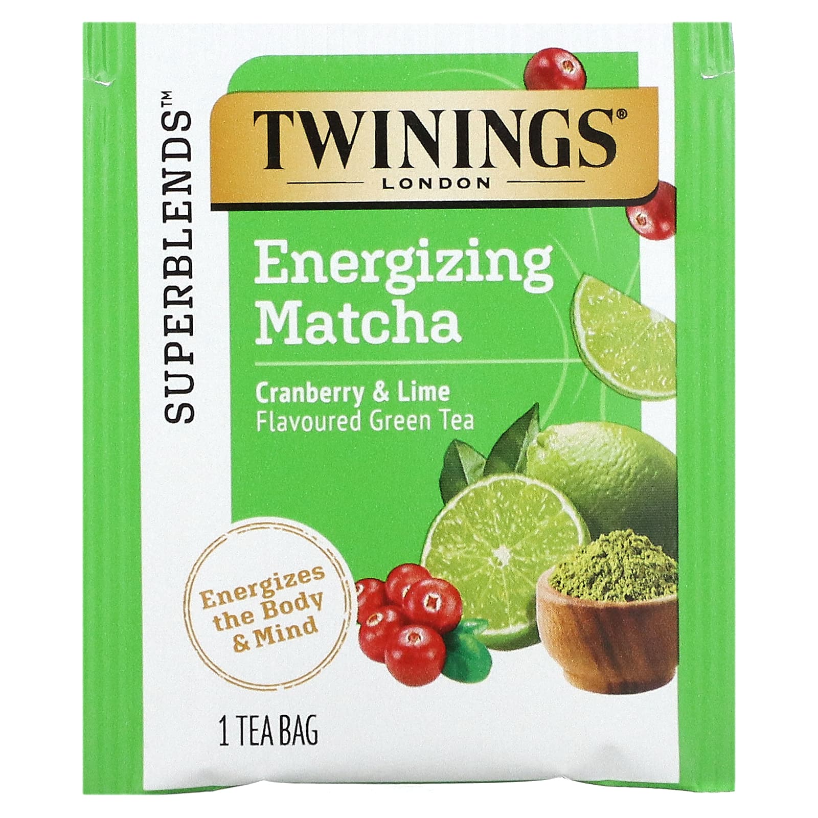 Twinings, бодрящий зеленый чай с матчей, клюквой и лаймом, 18 чайных пакетиков, 36 г (1,27 унции)