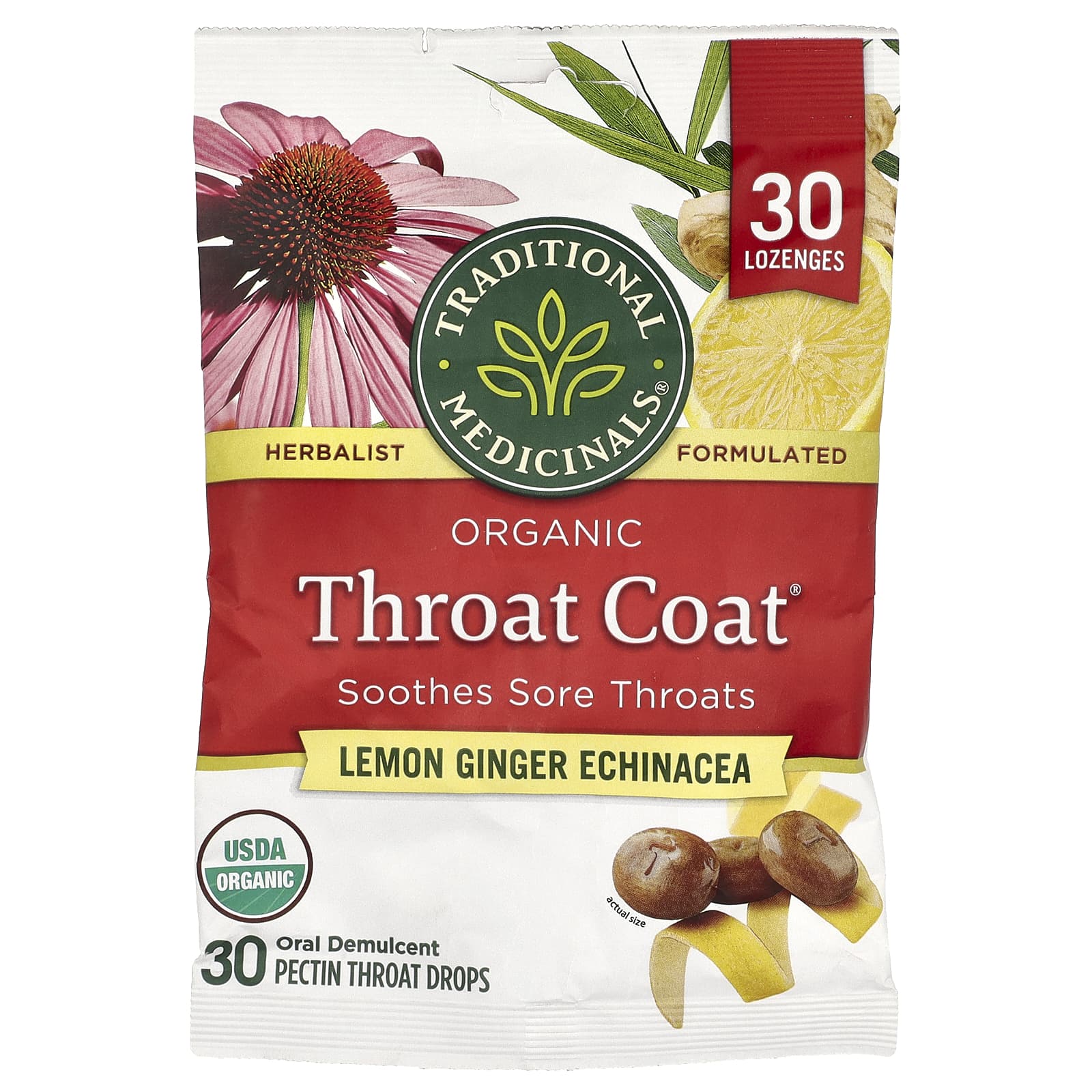Traditional Medicinals, Organic Throat Coat®, капли для горла с лимоном и имбирем, 30 капель для горла с пектином