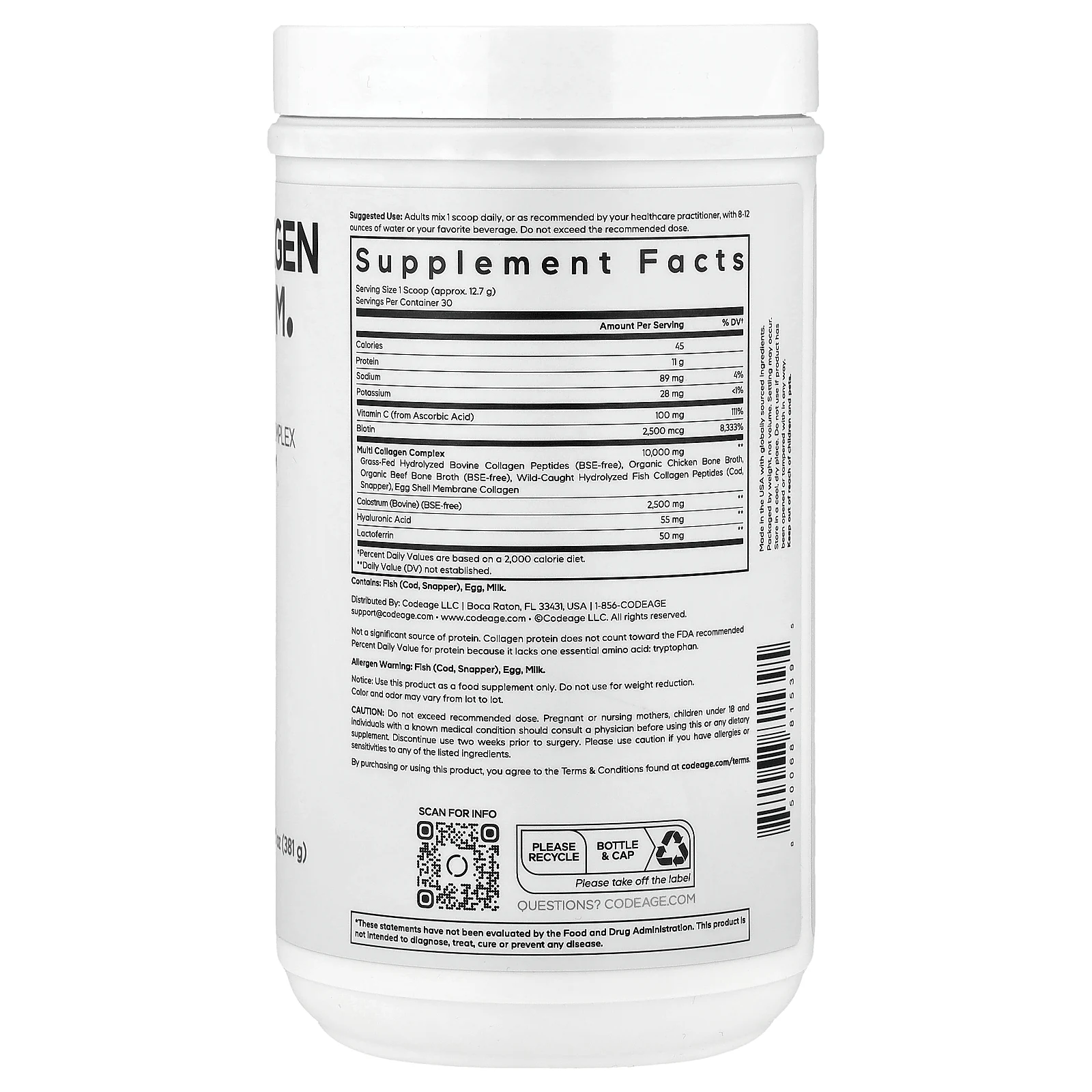 Codeage, Multi Collagen Colostrum Platinum, без добавок, 381 г (13,40 унции)