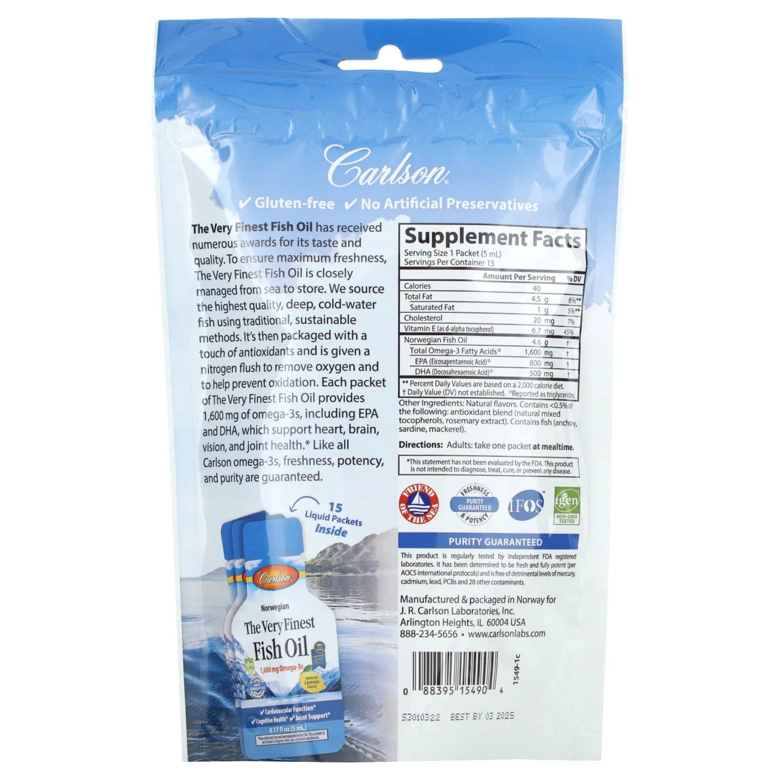 Carlson, Norwegian, лучший рыбий жир, натуральный лимон, 1600 мг, 15 пакетиков (5 мл)