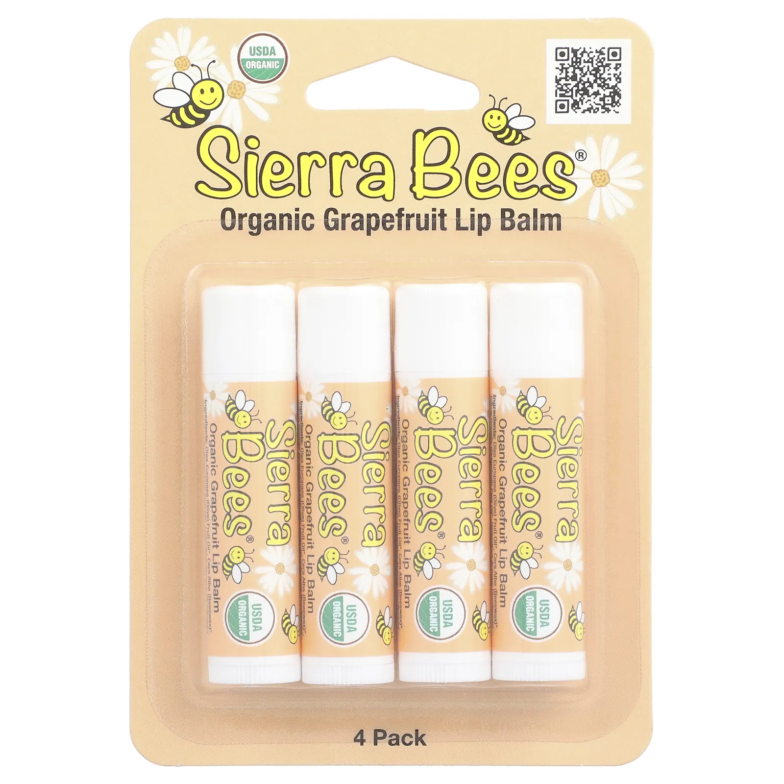 Sierra Bees, Органические бальзамы для губ, грейпфрут, 4 в упаковке, 4,25 г каждый