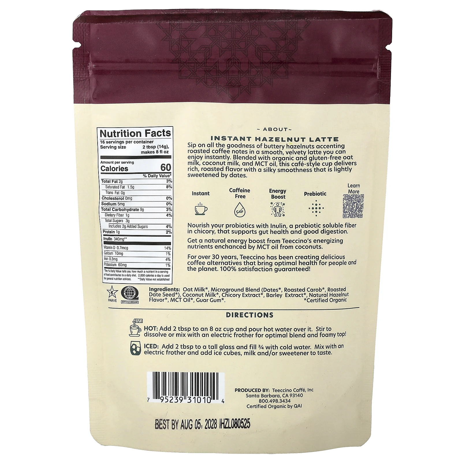 Teeccino, растворимое травяное латте, фундук, средняя обжарка, без кофеина, 224 г (7,9 унции)