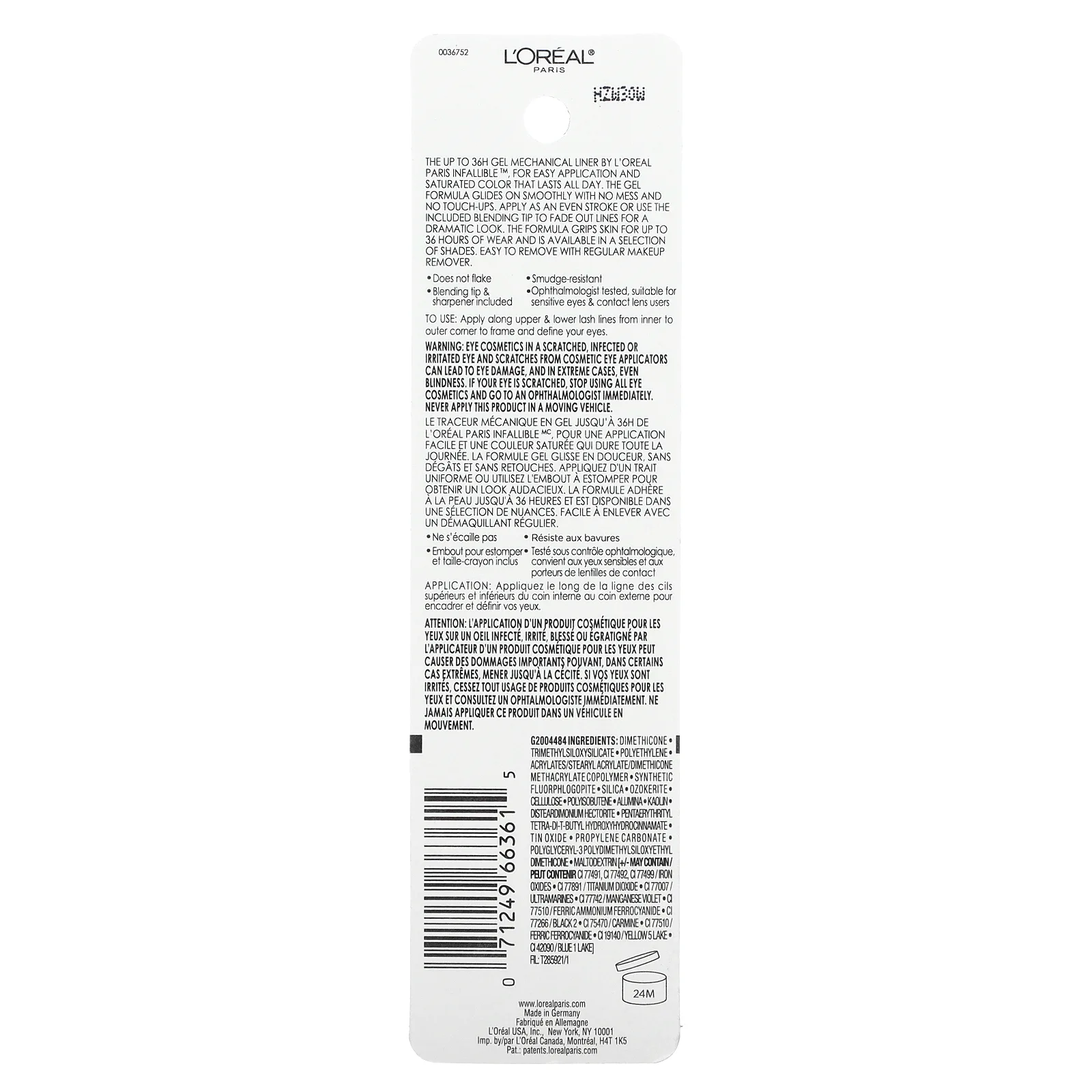 L'Oréal, Infallible Grip, гелевый механический лайнер 36 HR, коричневый деним 220, 0,324 г (0,011 унции)