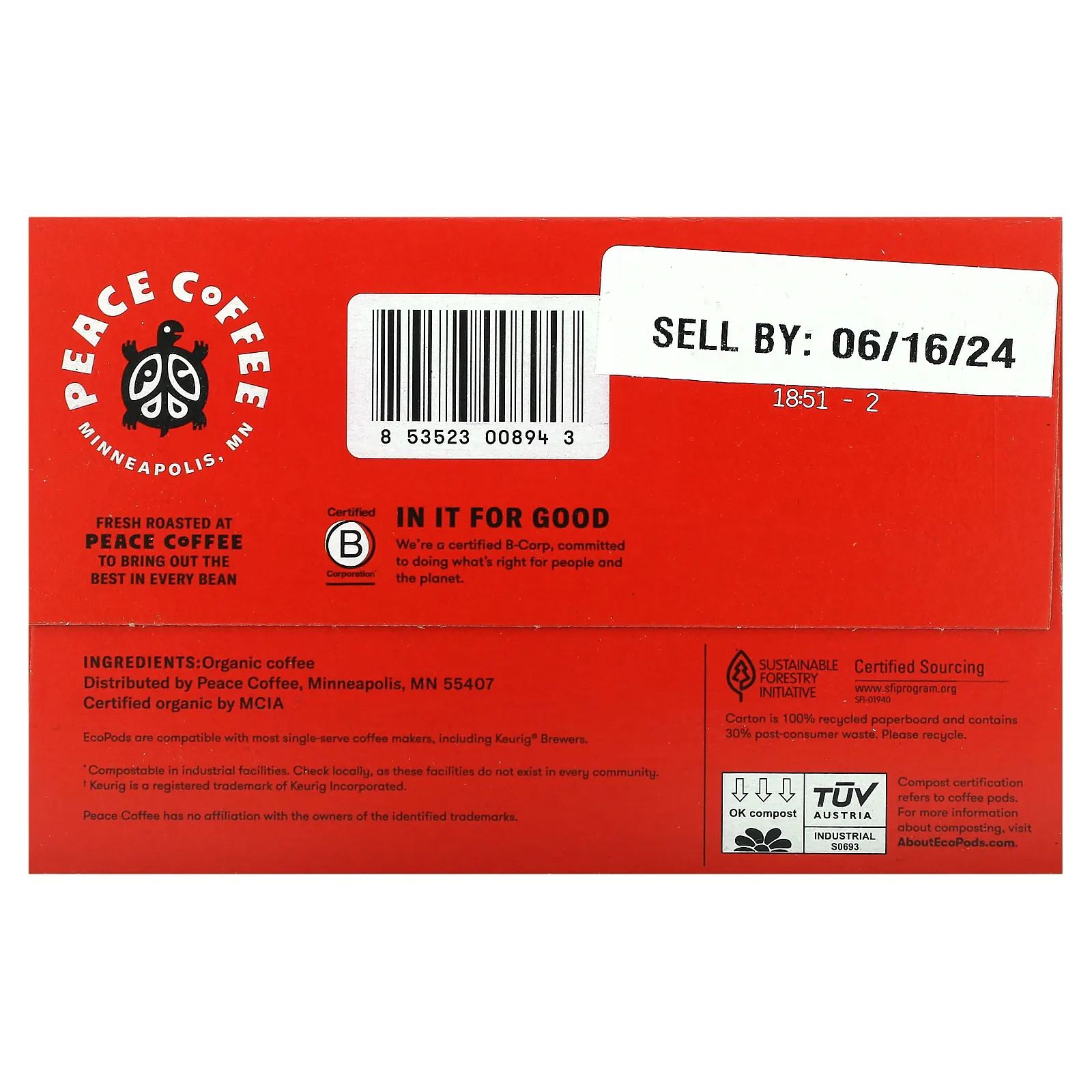 Peace Coffee, Organic Tree Hugger, фирменная смесь, темная обжарка, 12 капсул по 9,25 г (0,32 унции)