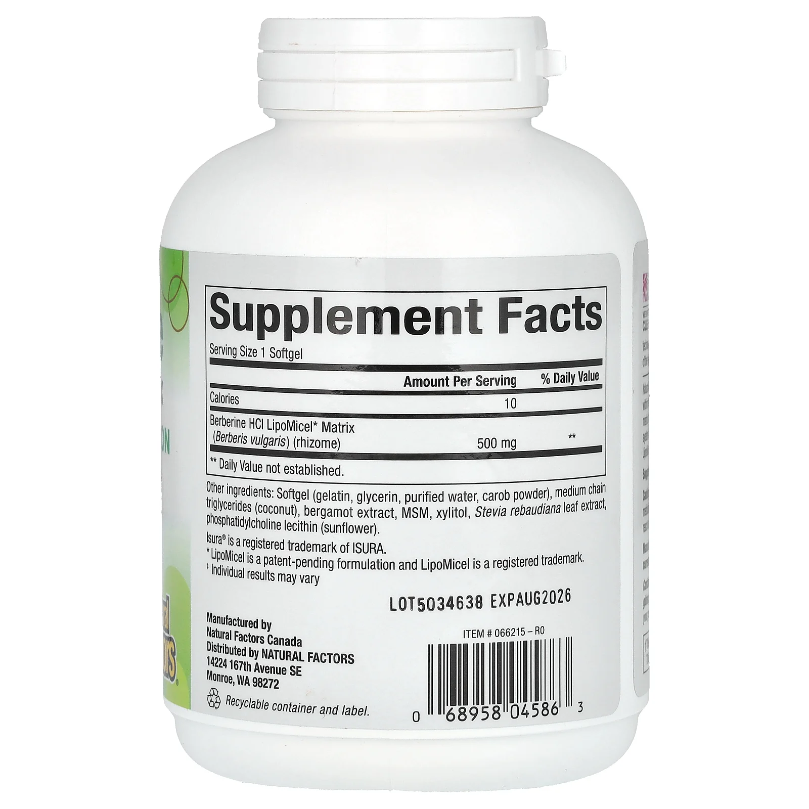 Natural Factors, берберин, LipoMicel Matrix, 500 мг, 90 капсул с жидкостью