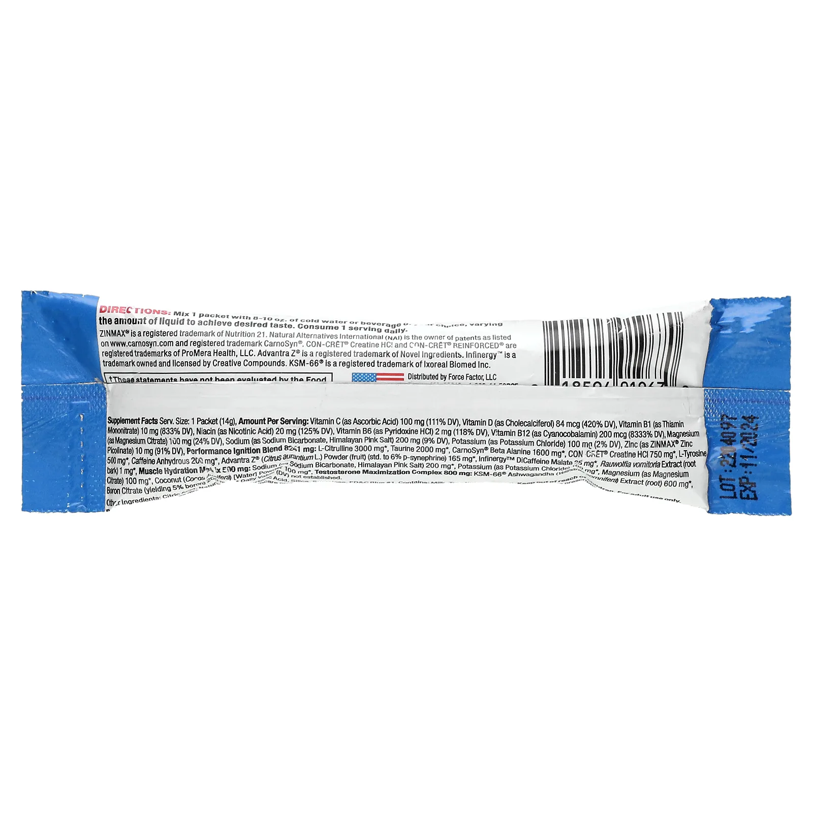 Force Factor, Test X180 перед тренировкой, голубая малина, 1 шт., 14 г (0,5 унции)