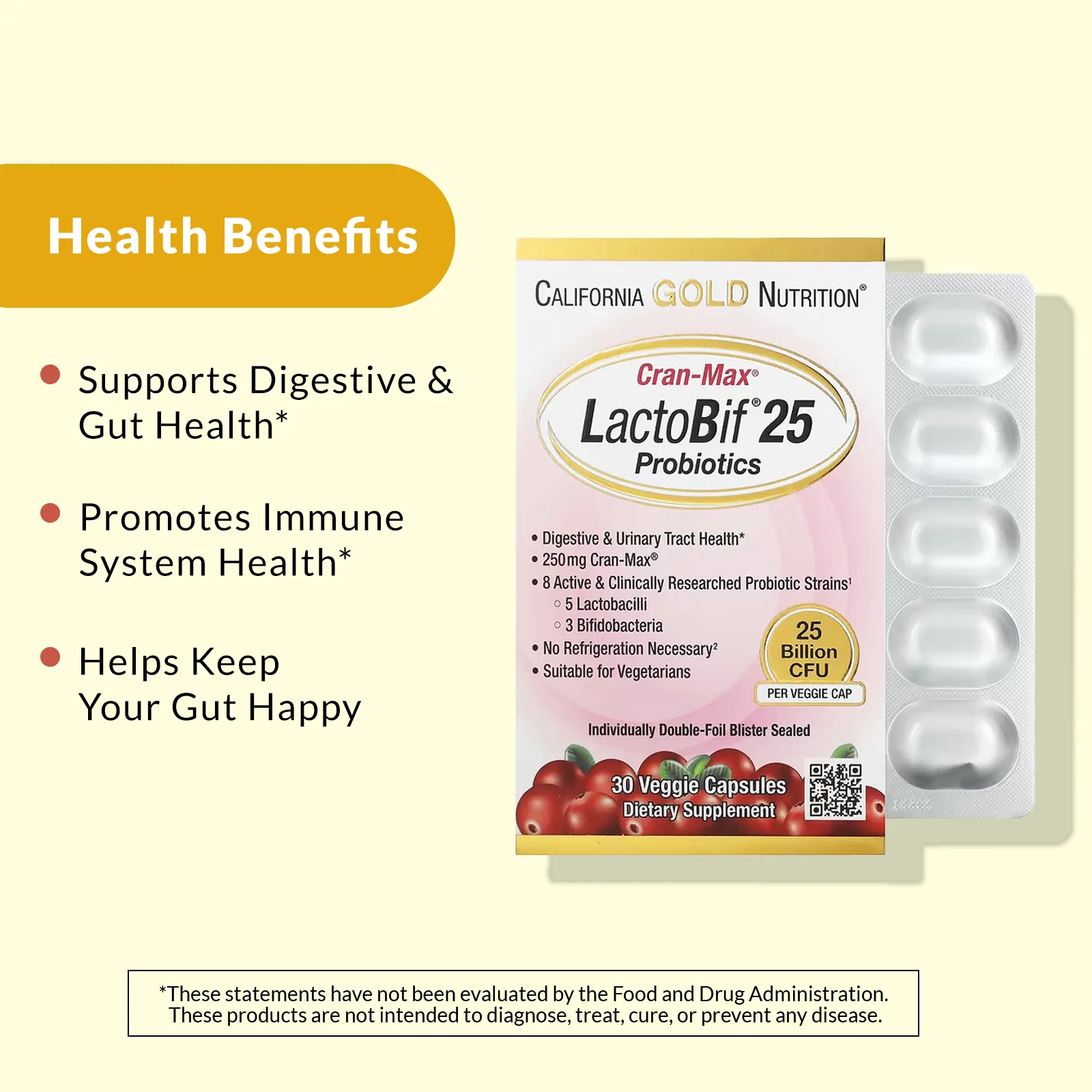 California Gold Nutrition, Lactobif, Cran-Max, пробиотики, 25 млрд КОЕ, 30 растительных капсул