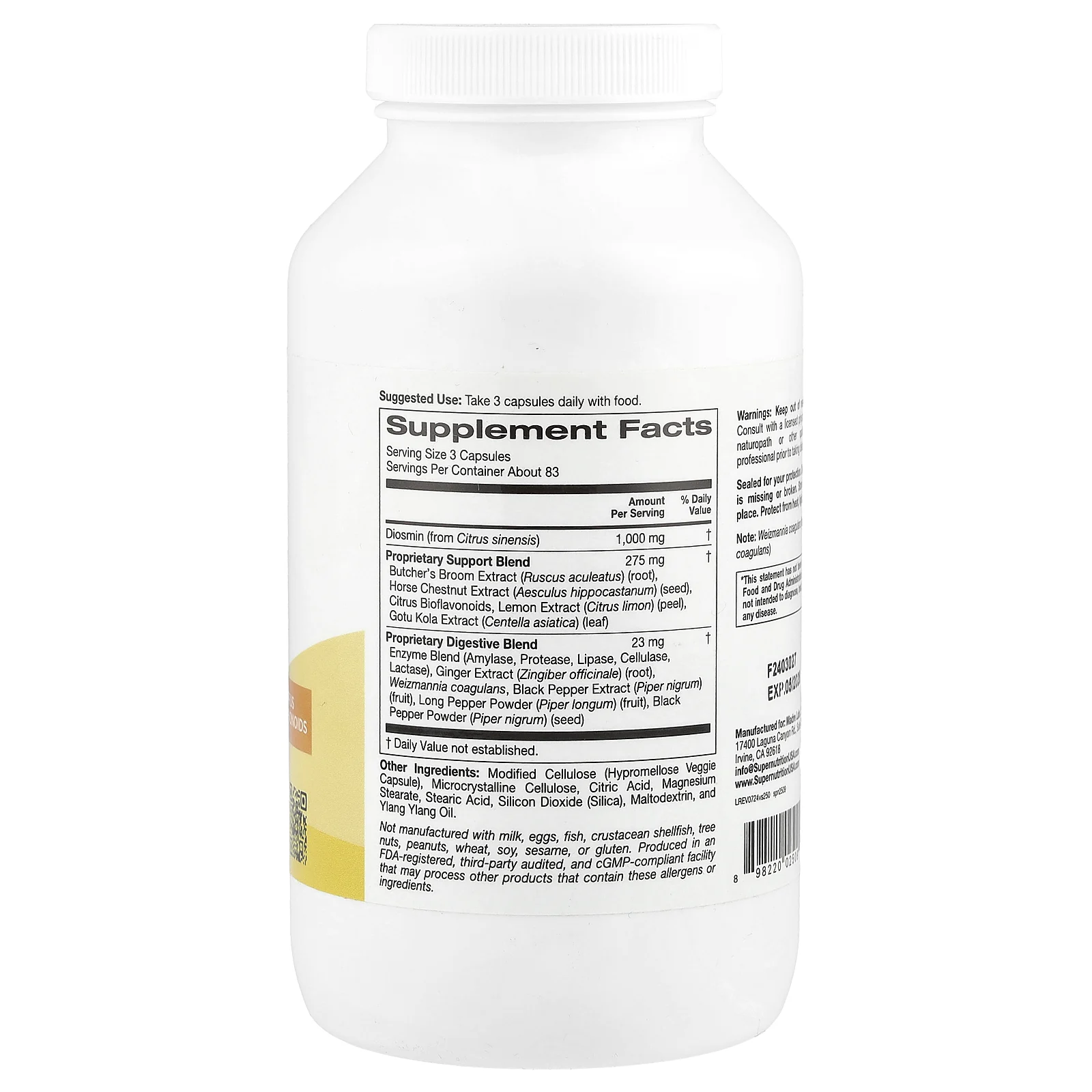 Super Nutrition, добавка для поддержки вен, 250 растительных капсул