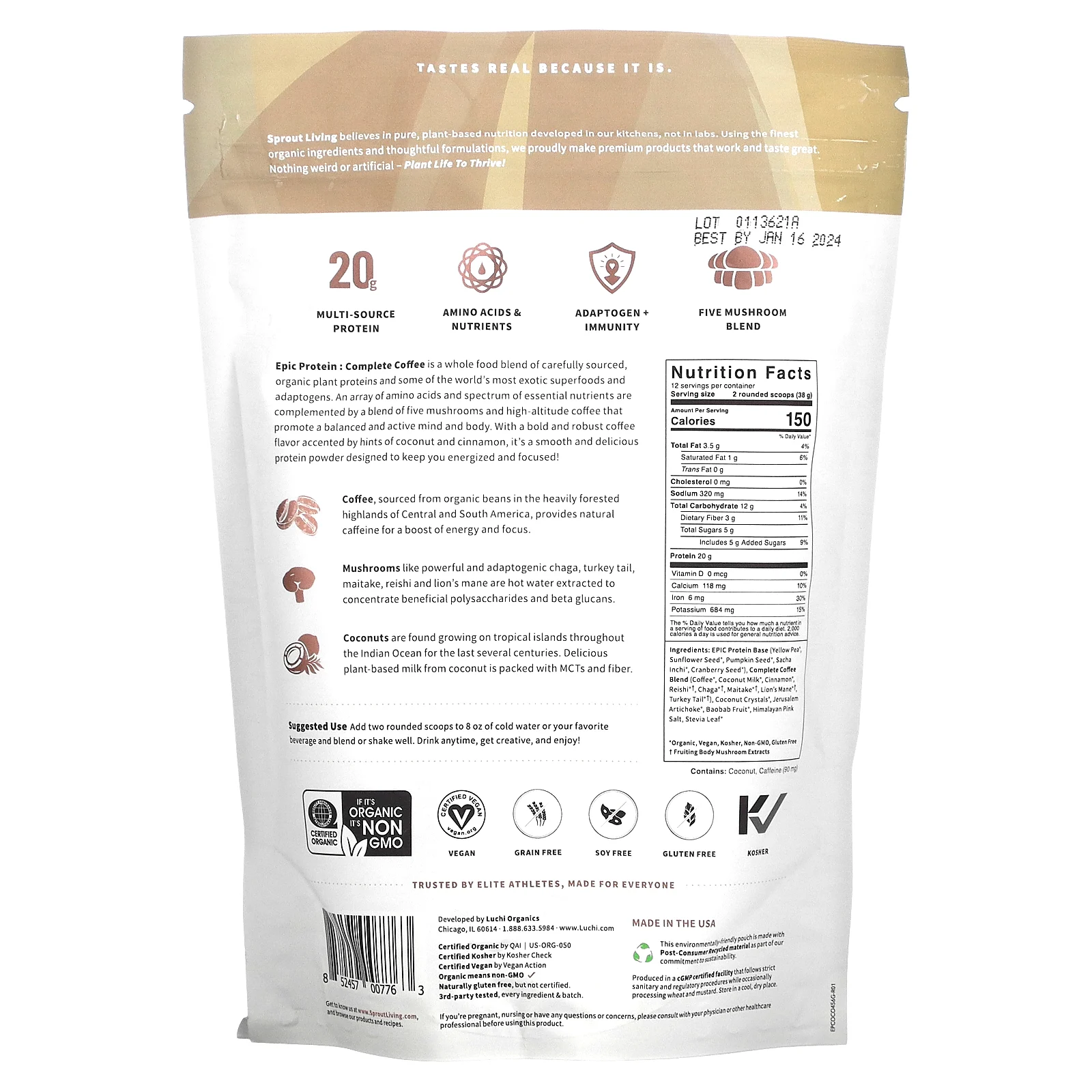 Sprout Living, Epic Protein, органический растительный протеин и суперфуды, оригинальный кофе, 494 г (1,1 фунта)