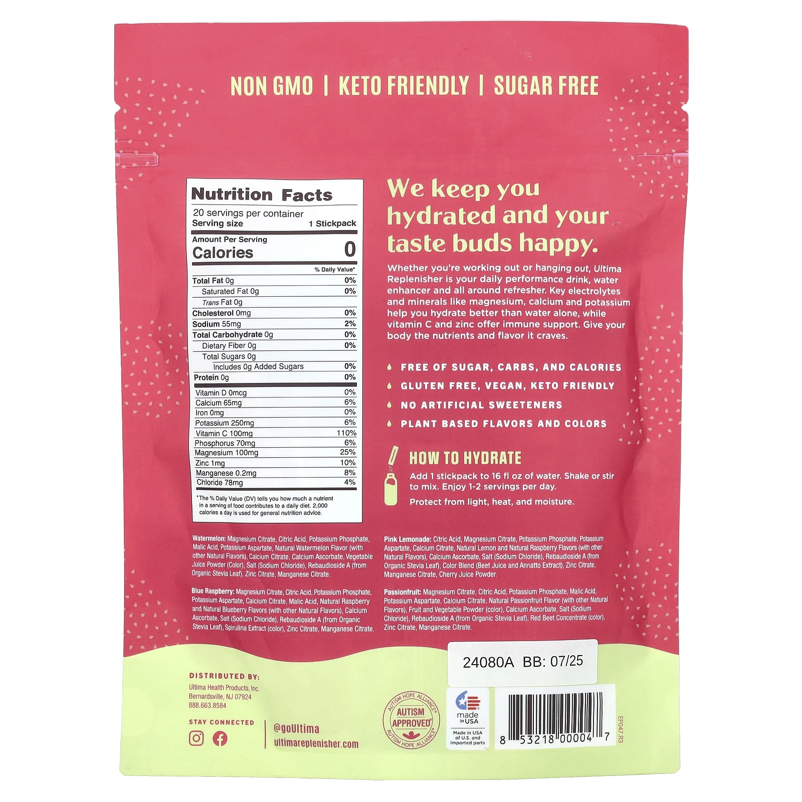 Ultima Replenisher, 6 незаменимых электролитов, ежедневная смесь электролитов, разнообразный набор, 20 стиков