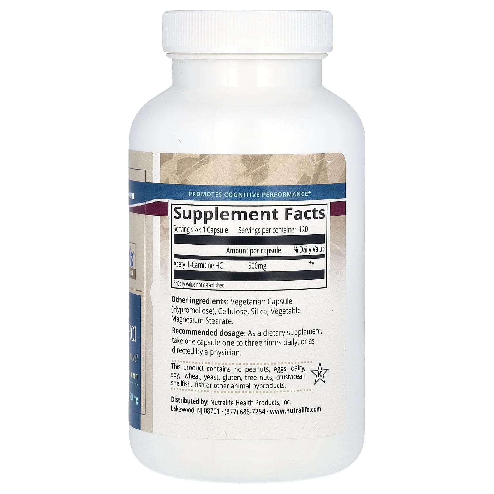 NutraLife, ацетил L-карнитин гидрохлорид, 500 мг, 120 капсул