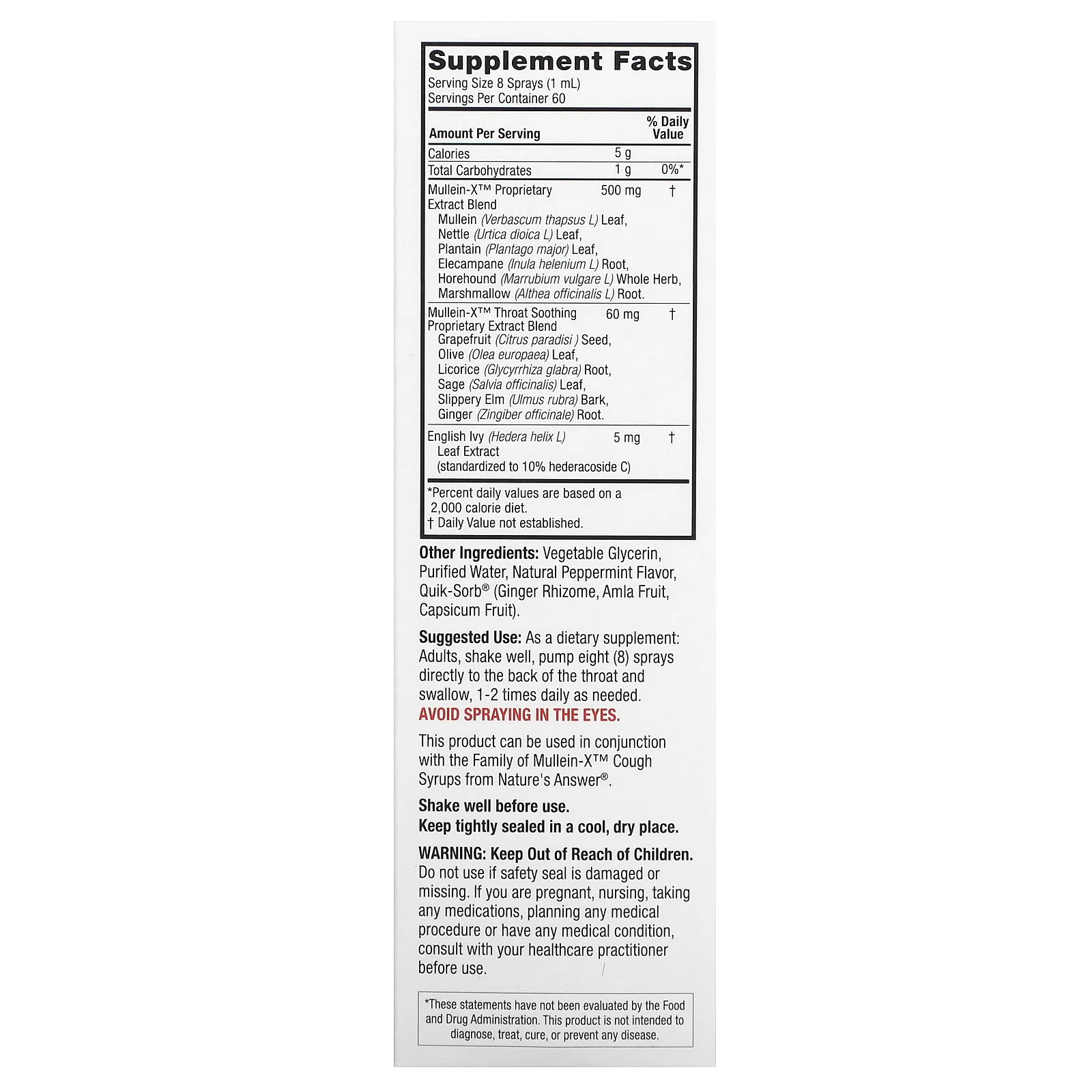 Nature's Answer, Натуральный спрей для горла MulleinX, 60 мл (2 жидк. Унции)