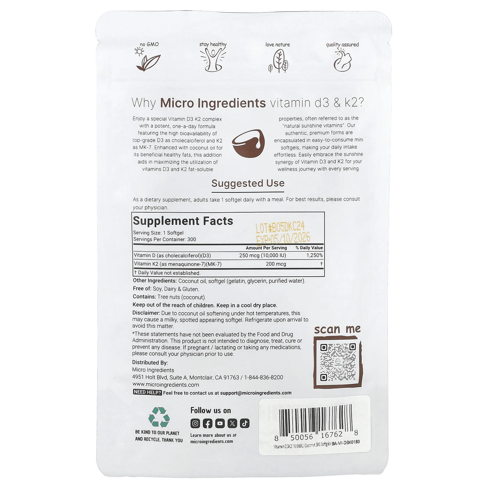 Micro Ingredients, Витамины D3 и K2, 300 мягких таблеток