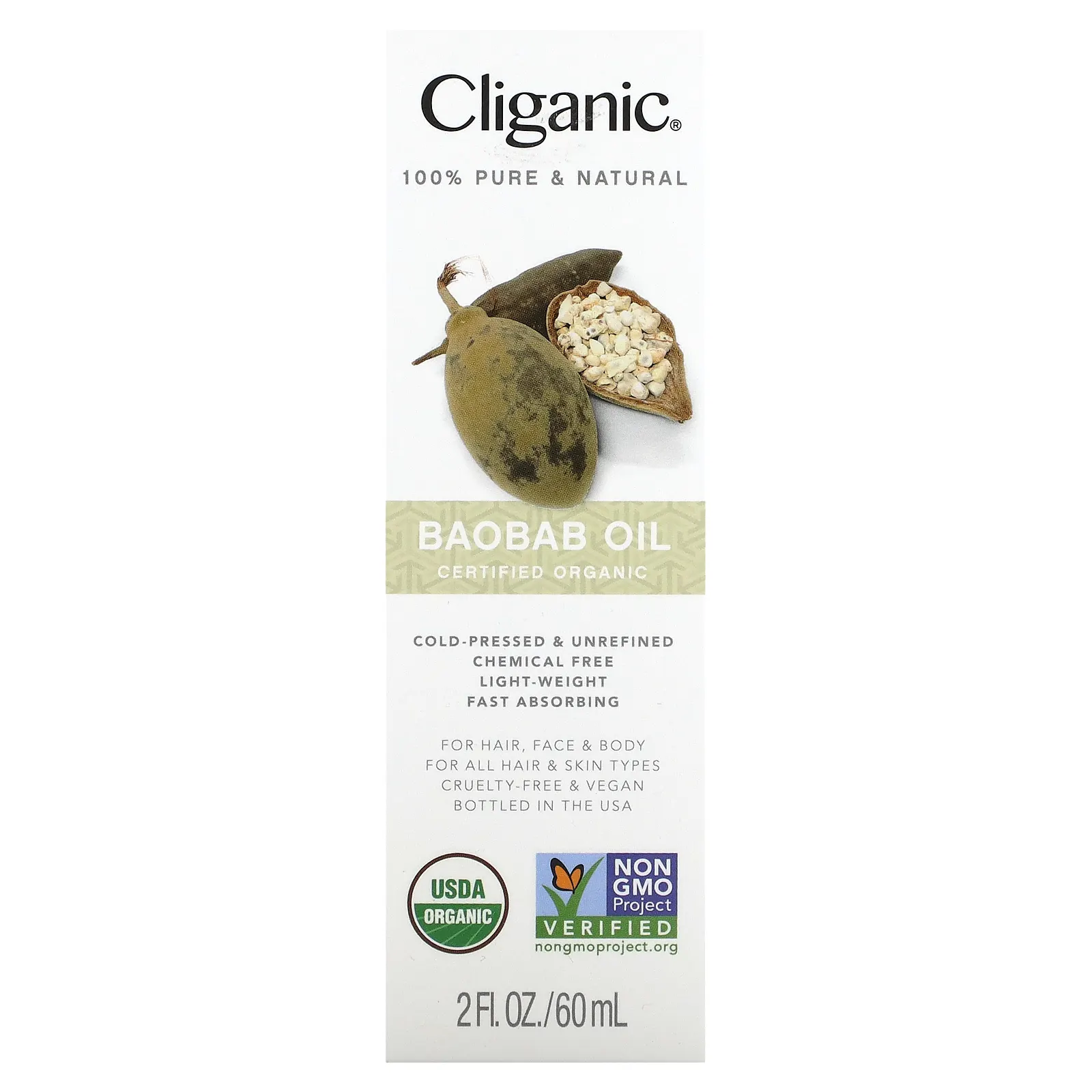 Cliganic, 100% чистое и натуральное, масло баобаба, 60 мл (2 жидк. Унции)