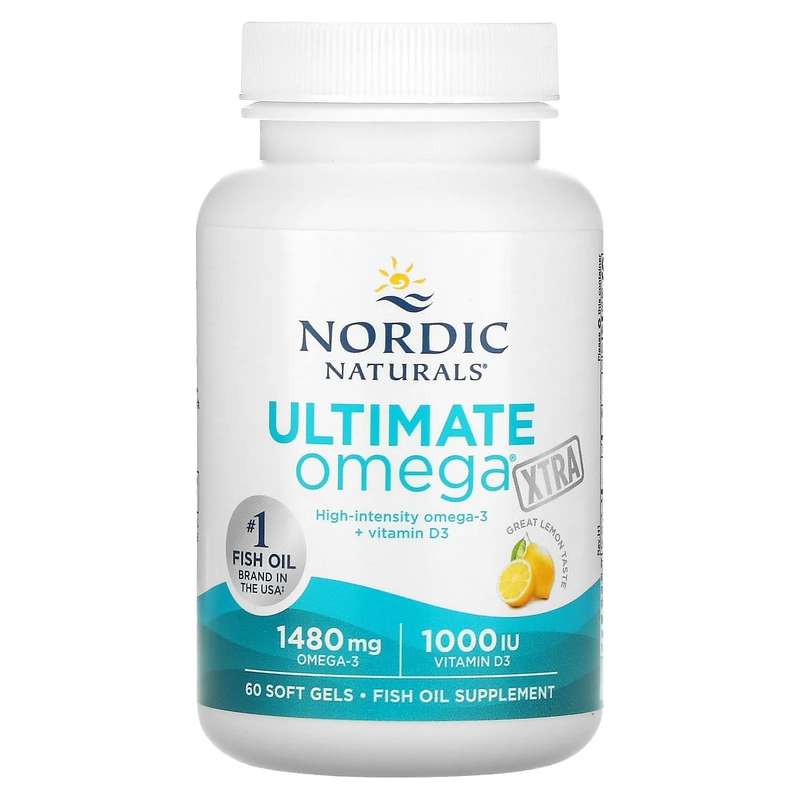 Nordic Naturals, Ultimate Omega Xtra, высокоэффективные омега-3 кислоты, со вкусом лимона, 1480 мг, 60 капсул (740 мг в 1 капсуле)
